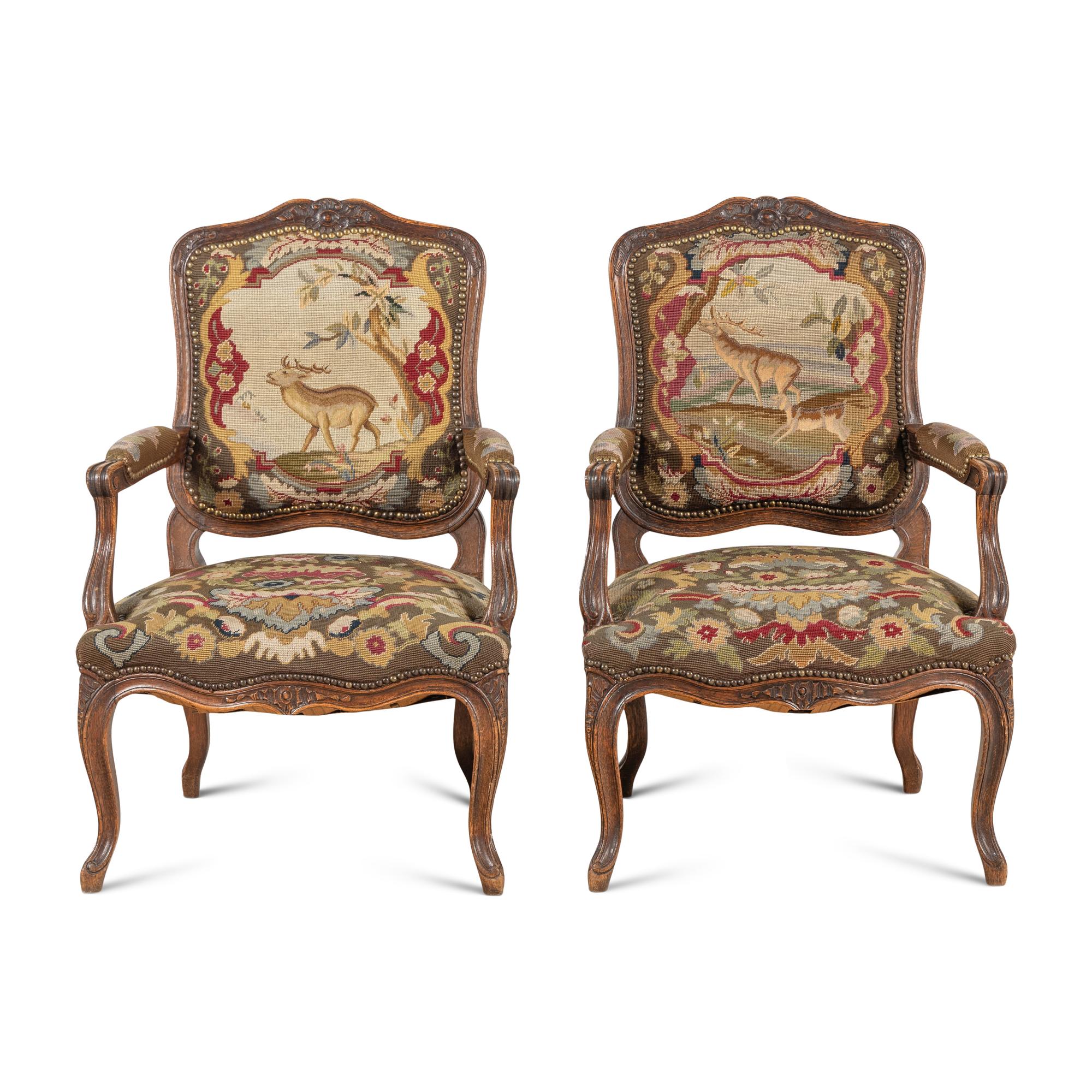 A Pair of Louis XV Style Needlepoint-Upholstered Fauteuils