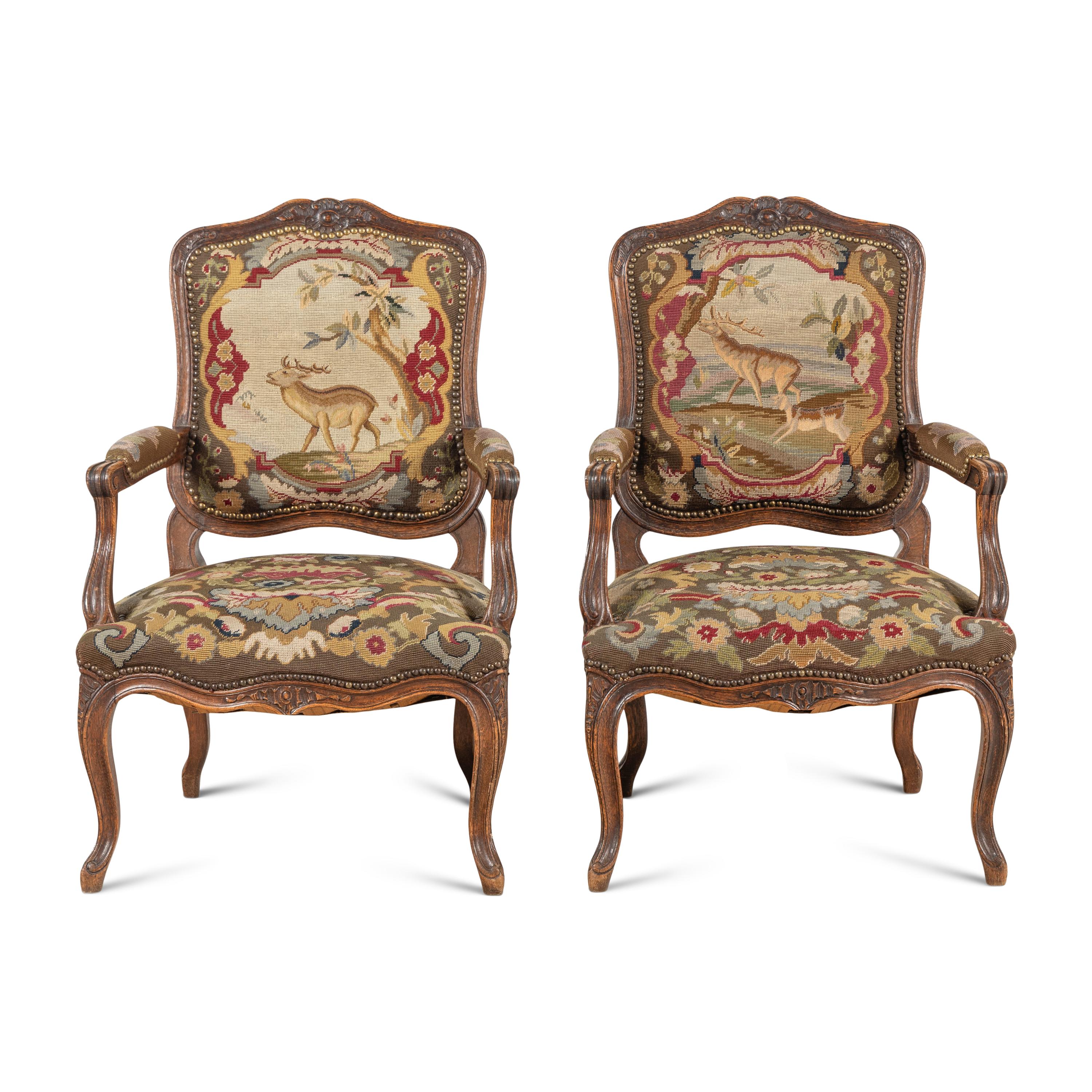 A Pair of Louis XV Style Needlepoint-Upholstered Fauteuils