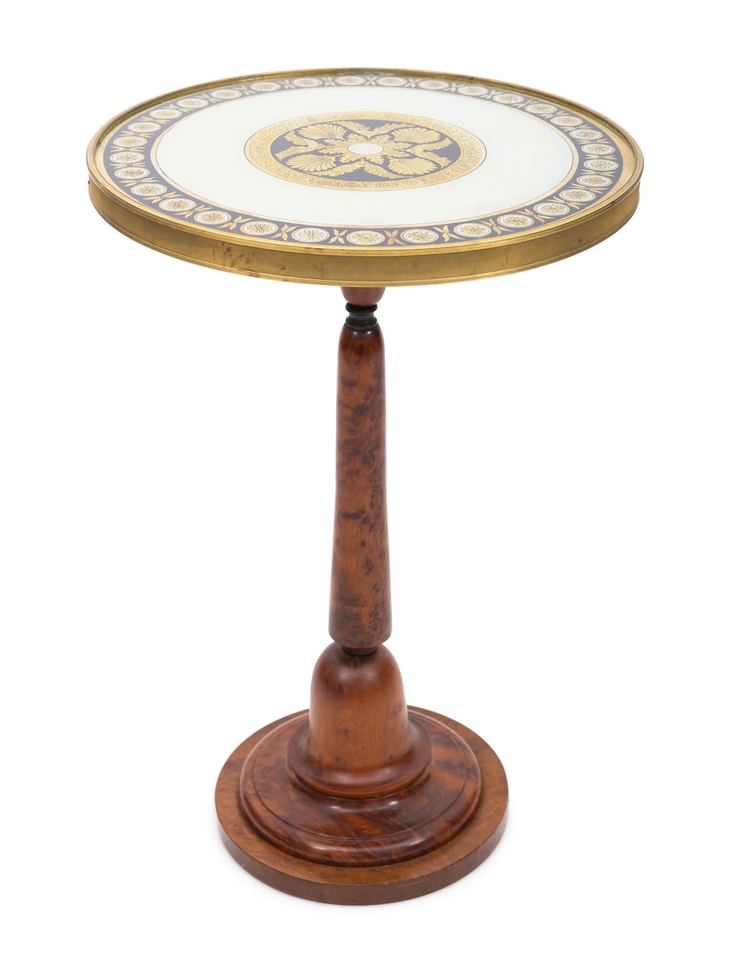 A Verre Eglomisé and Burl Walnut Pedestal Side Table