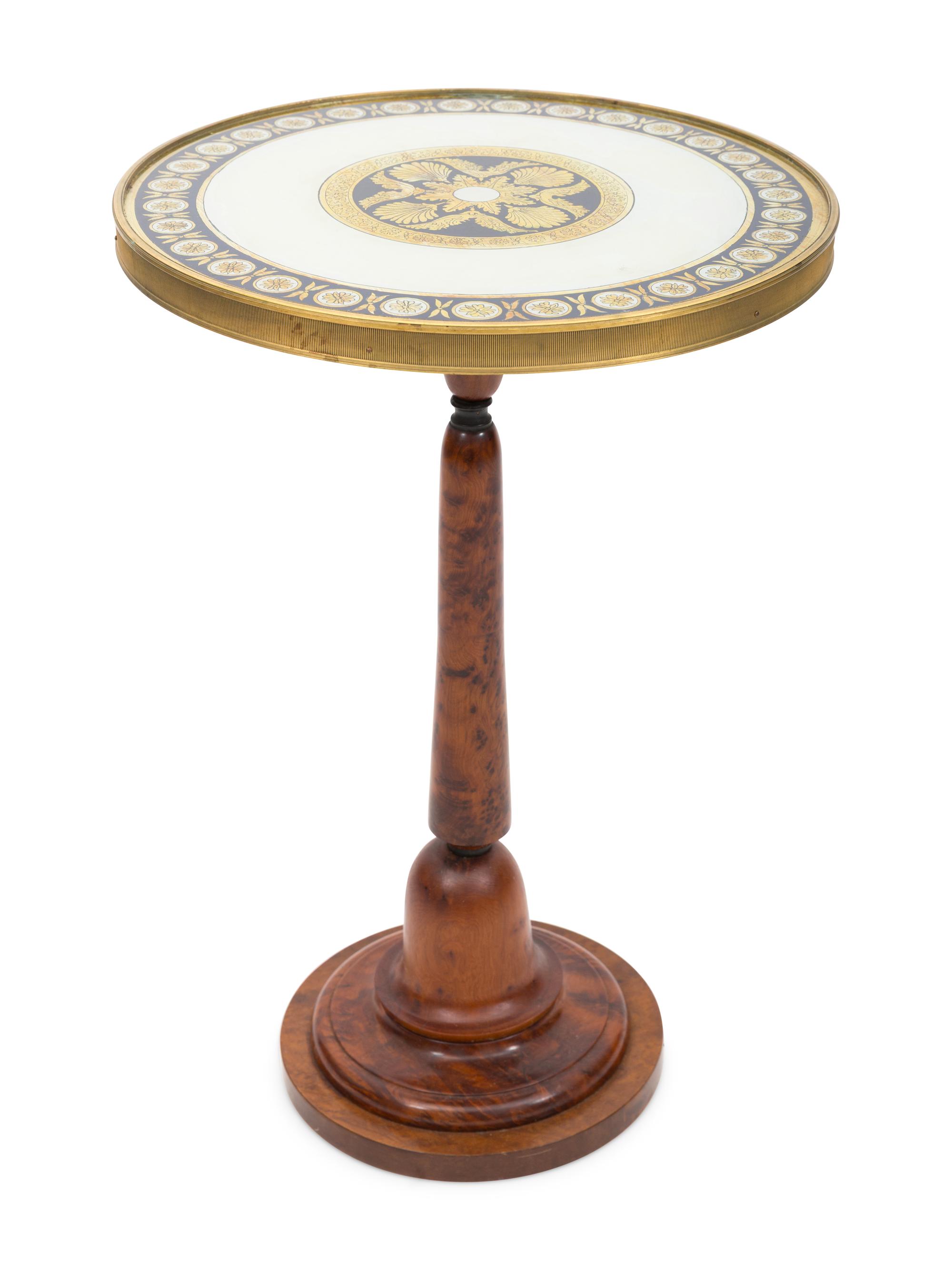 A Verre Eglomisé and Burl Walnut Pedestal Side Table