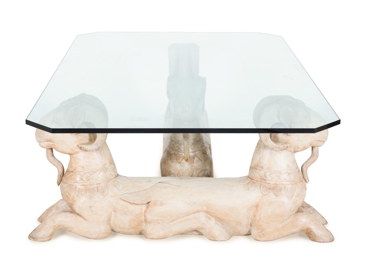 A Carved Wood and Glass Figural Low Table