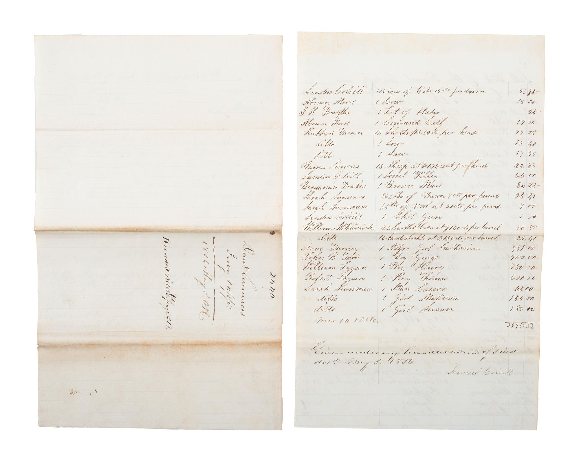 [SLAVERY & ABOLITION]. Appraisal and Bill of Sale of 7 enslaved people and personal property of enslaver Daniel Summors (1772-1856). Bourbon County, KY, 5 May 1856.