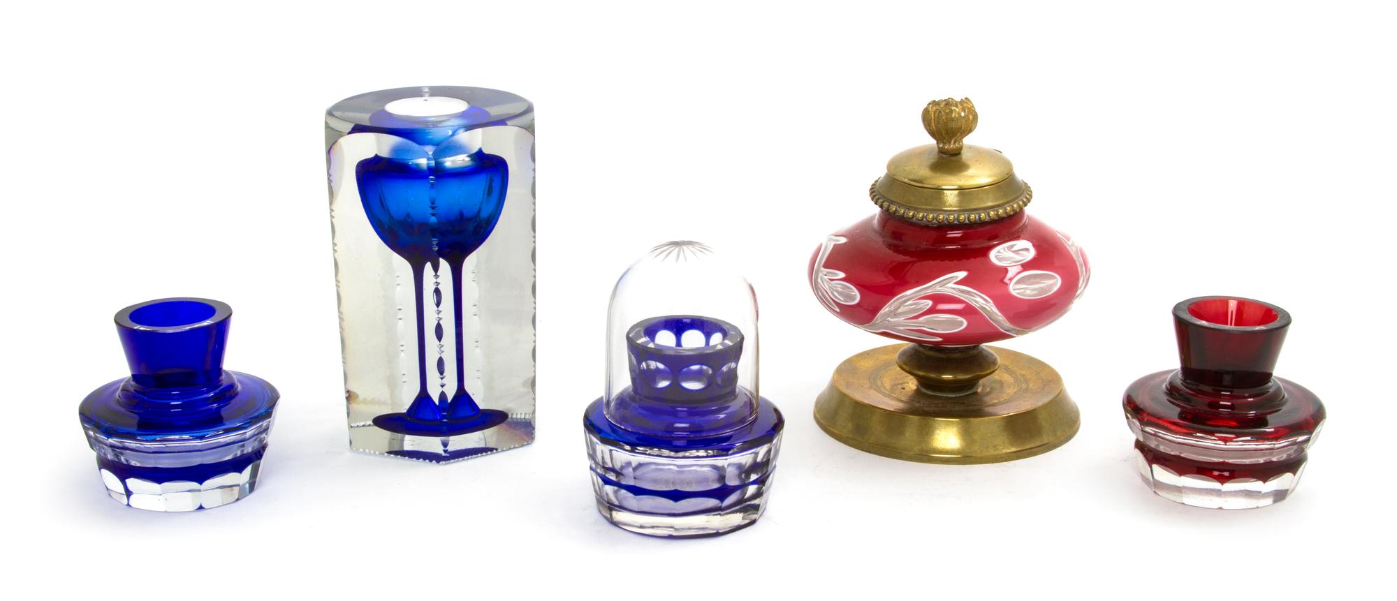 Five Continental Glass Inkwells, Height of tallest 3 1/2 inches.
