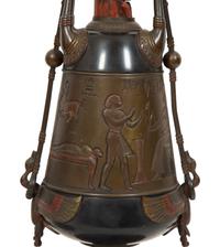 A Pair of French Egyptian Revival Bronze and Marble Urns