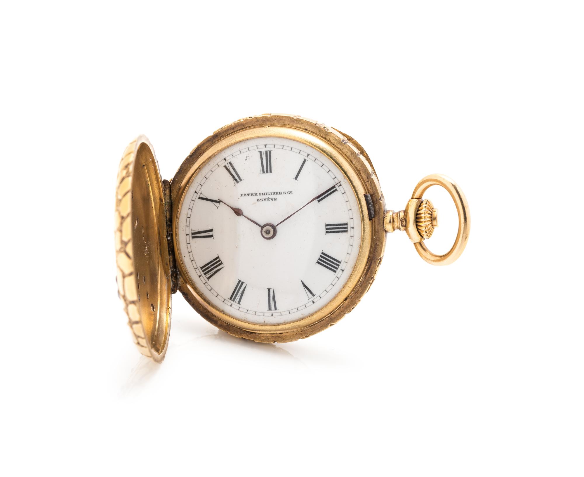 PATEK PHILIPPE, ANTIQUE, 18K YELLOW GOLD, DIAMOND AND ENAMEL HUNTER CASE POCKET WATCH, 1883