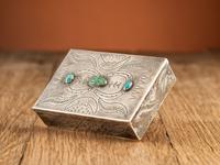 Navajo Heavily Stamped Whimsical Silver Box, with Turquoise Inlay