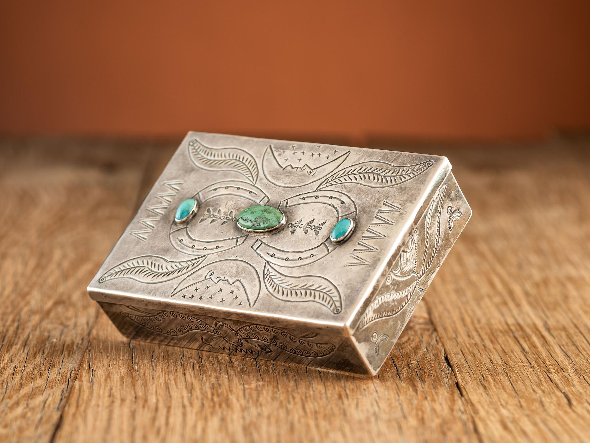 Navajo Heavily Stamped Whimsical Silver Box, with Turquoise Inlay