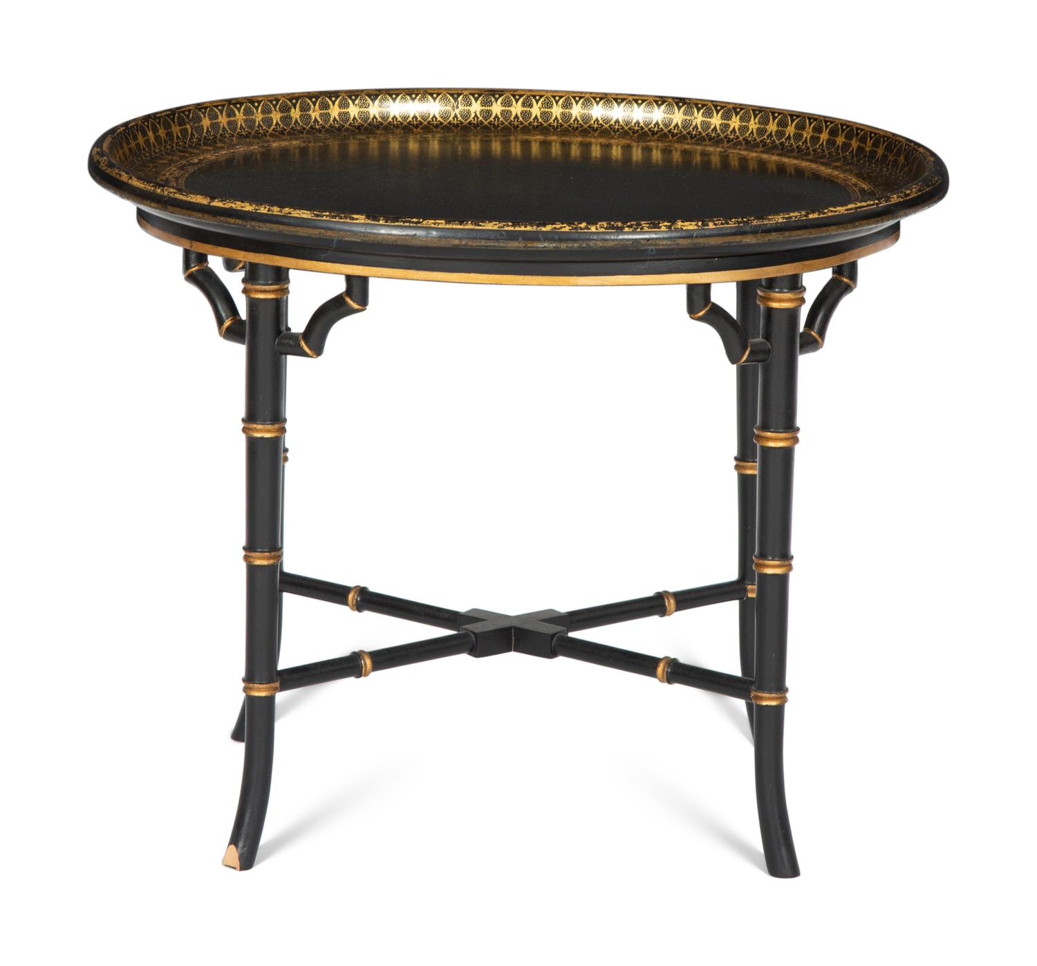 A Regency Style Black and Gilt Decorated Lacquer Tray Top Table