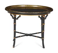 A Regency Style Black and Gilt Decorated Lacquer Tray Top Table