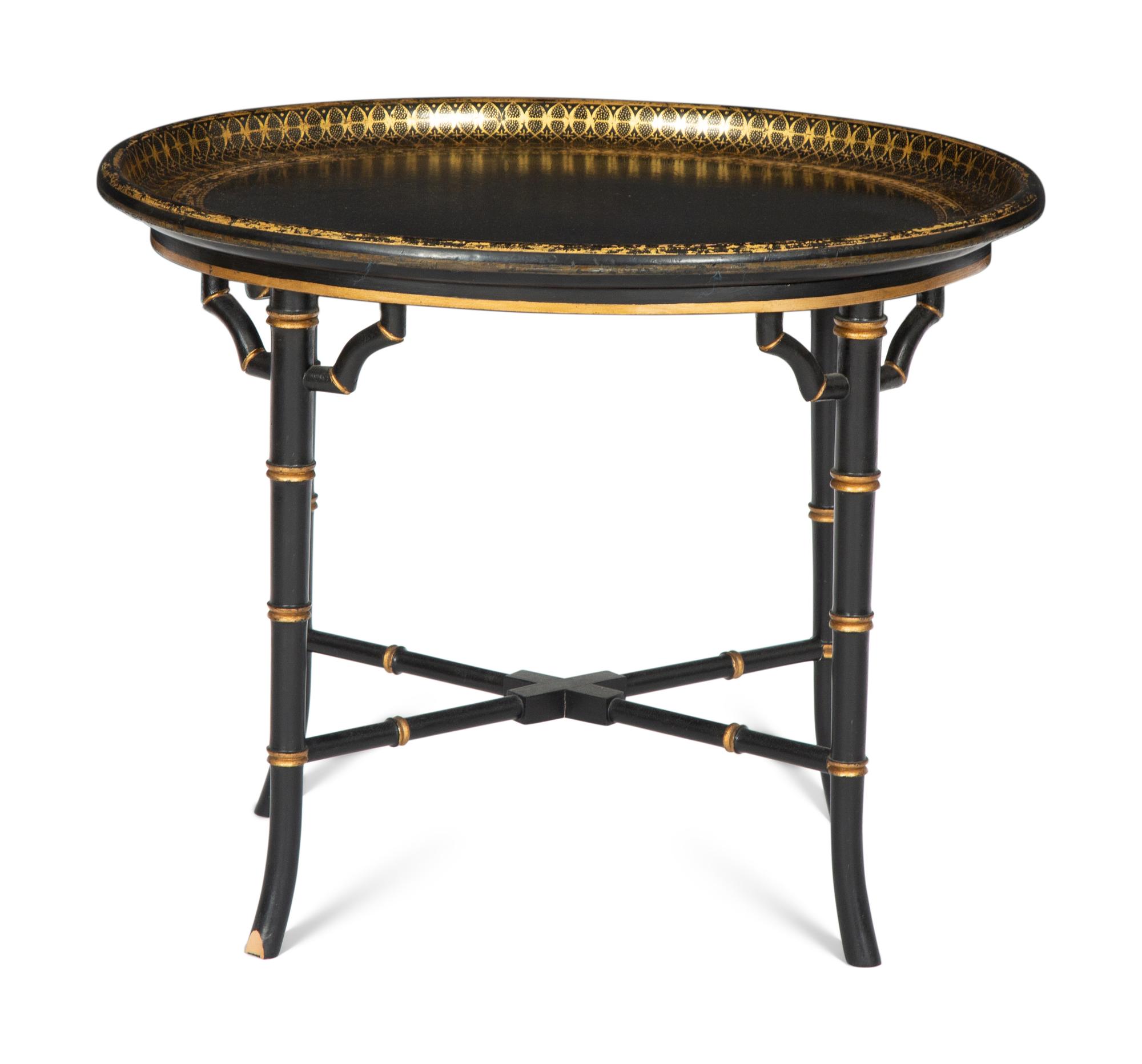 A Regency Style Black and Gilt Decorated Lacquer Tray Top Table