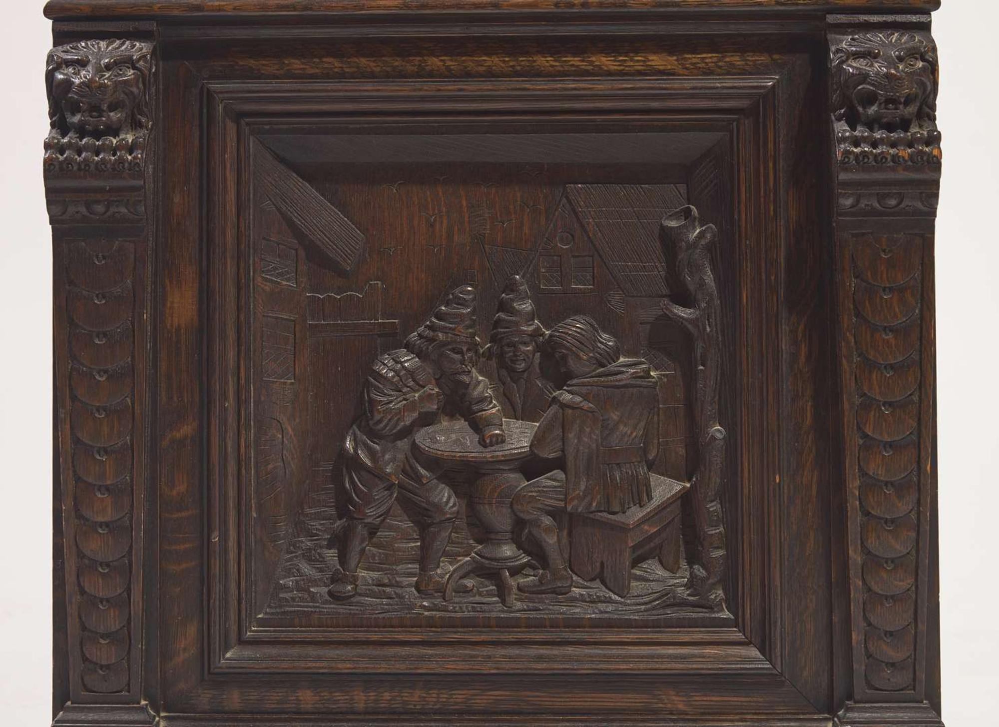 An impressive Renaissance Revival carved oak tall case clock, the case attributed to R.J. Horner & Co., New York, NY, with works by Winterhalder & Hofmeier, Schwaerzenbach, Black Forest, Germany, retailed by Tilden Thurber Co., Providence, RI, late 19th / early 20th century