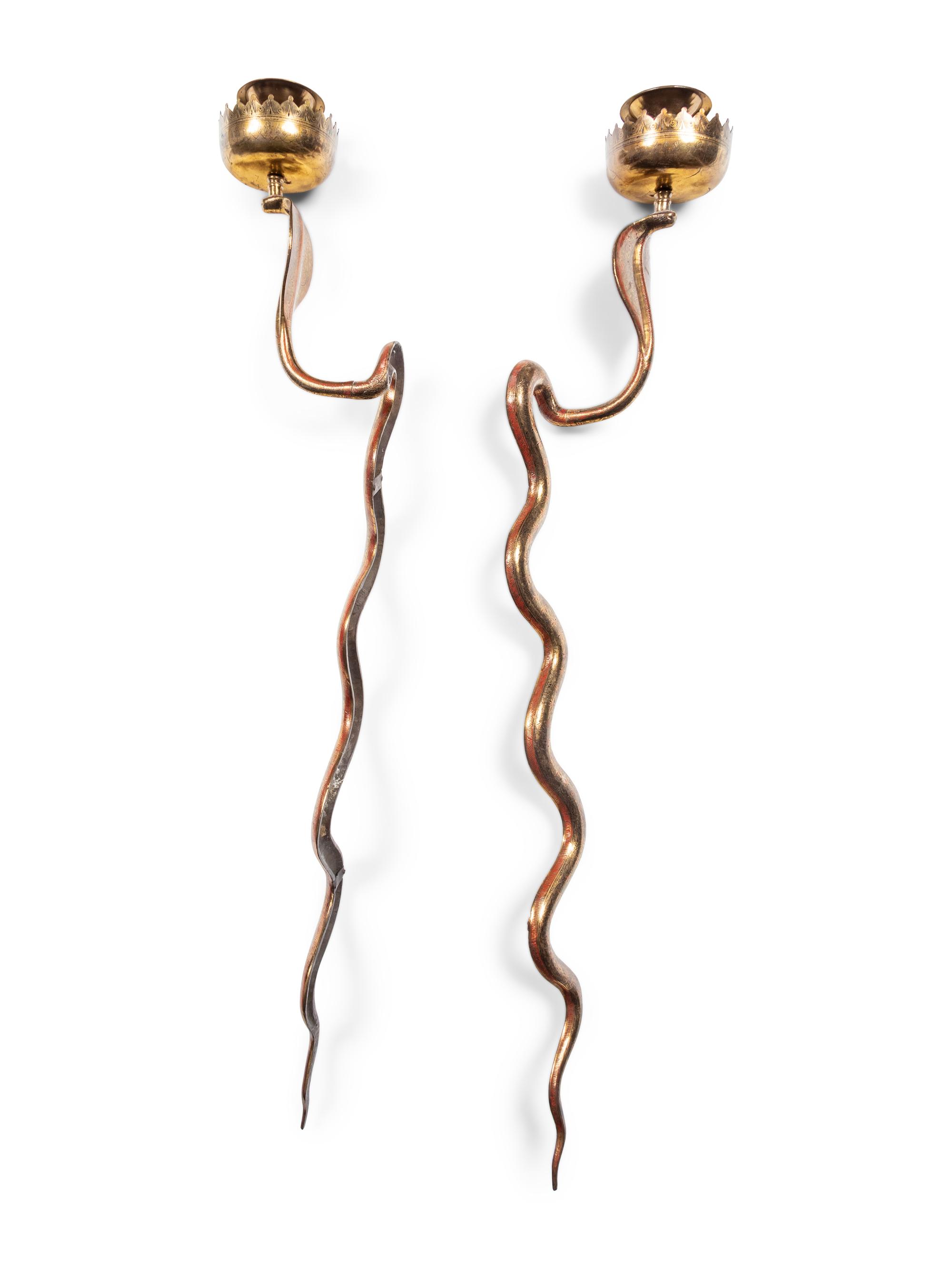 A Pair of Brass Cobra Single-Light Sconces and a Bronze Single-Light Cobra Sconce