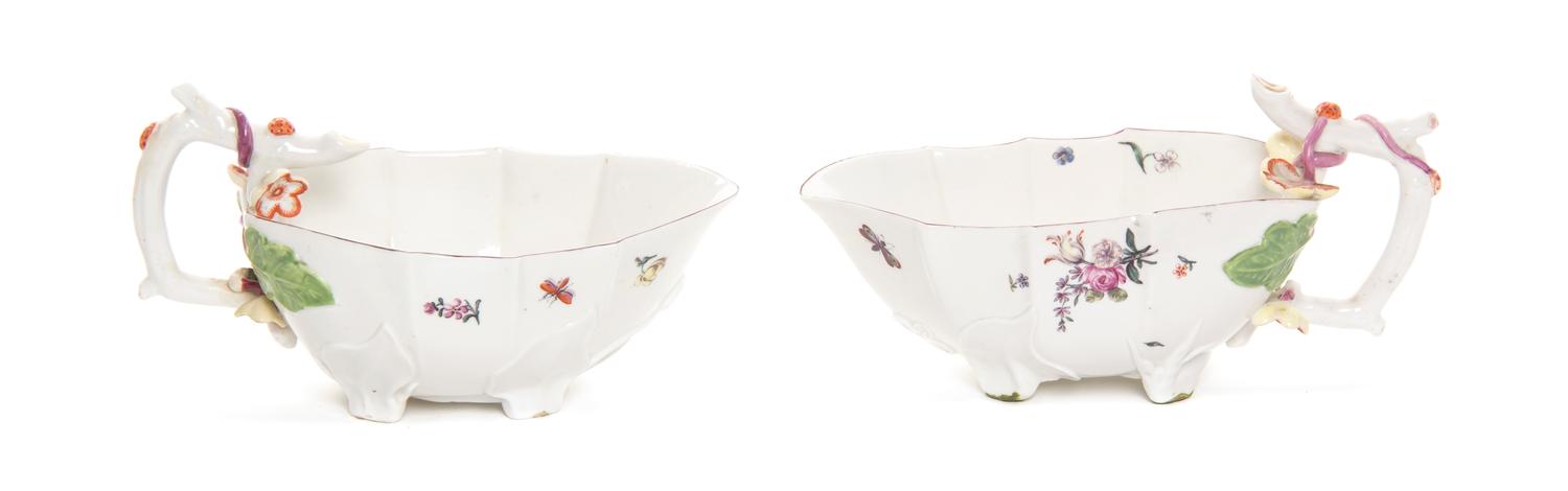 A Pair of Chelsea Porcelain Sauces, Width over handles 8 1/4 inches.