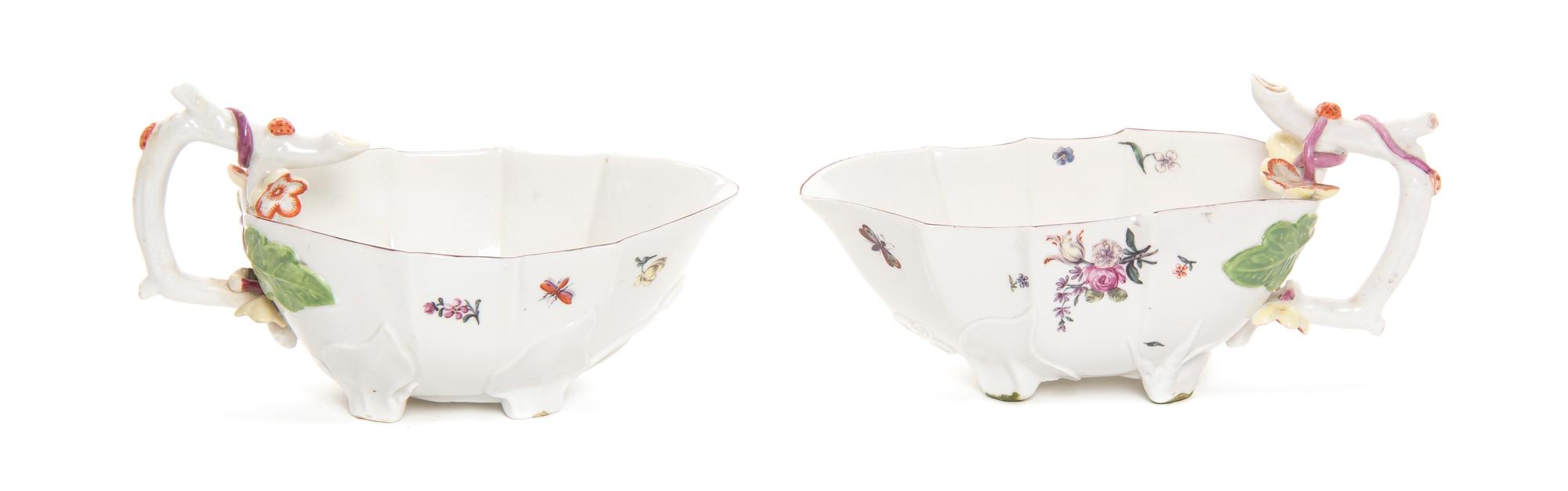 A Pair of Chelsea Porcelain Sauces, Width over handles 8 1/4 inches.