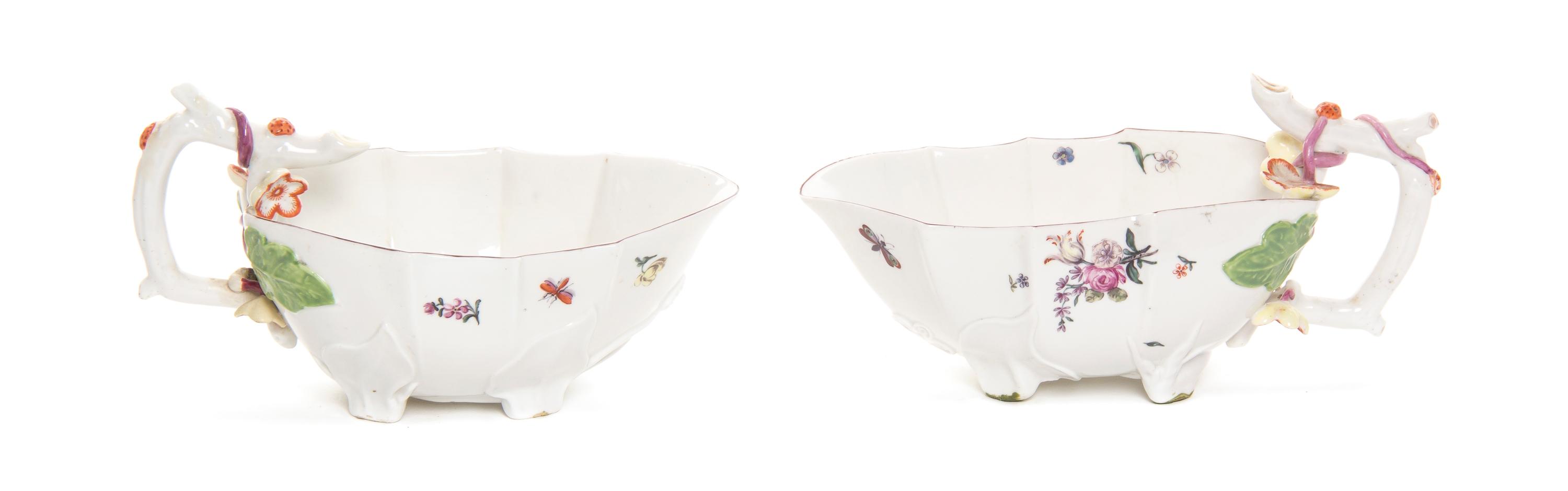 A Pair of Chelsea Porcelain Sauces, Width over handles 8 1/4 inches.