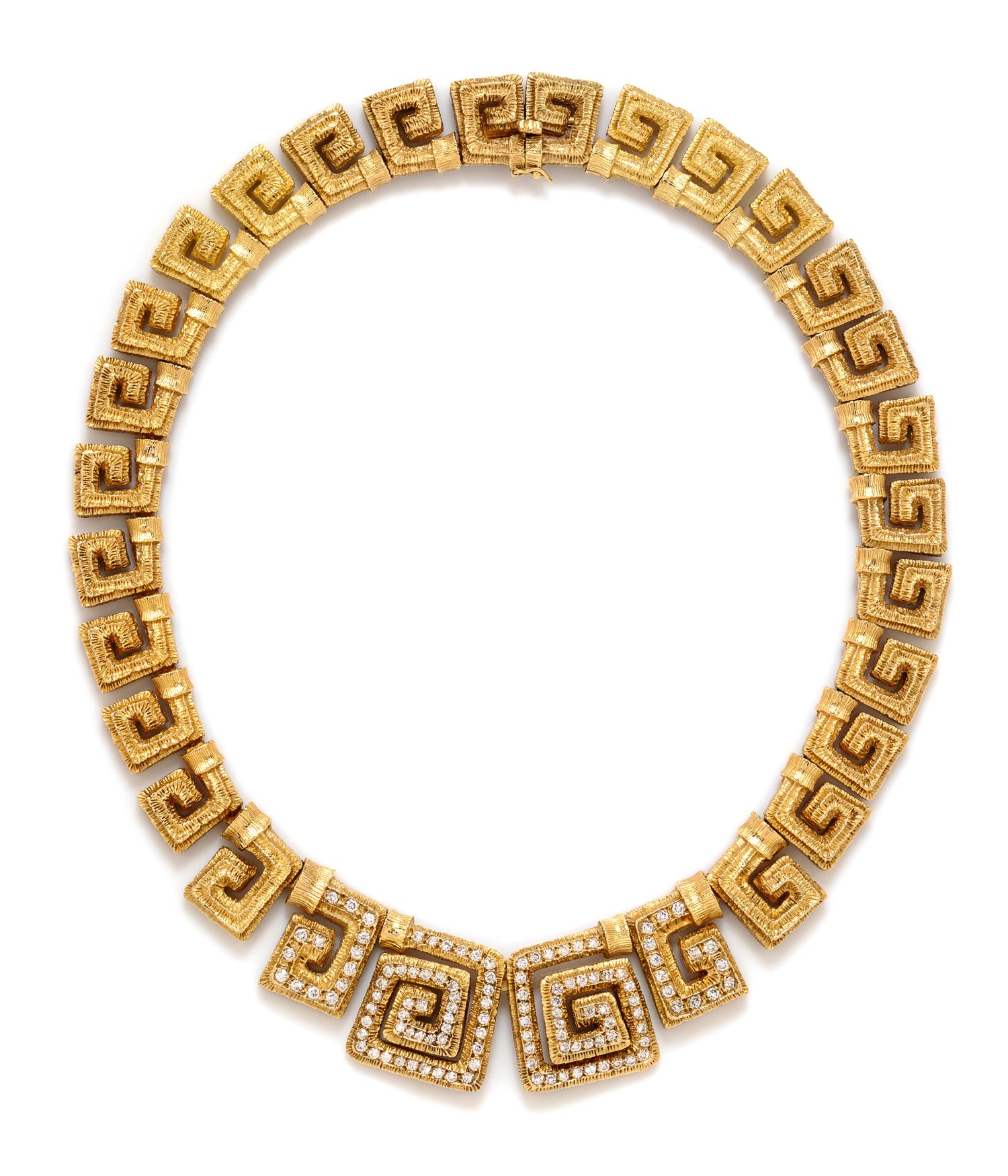 An 18 Karat Yellow Gold and Diamond Greek Key Motif Necklace, Greek, 96.90 dwts.