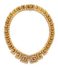 An 18 Karat Yellow Gold and Diamond Greek Key Motif Necklace, Greek, 96.90 dwts.