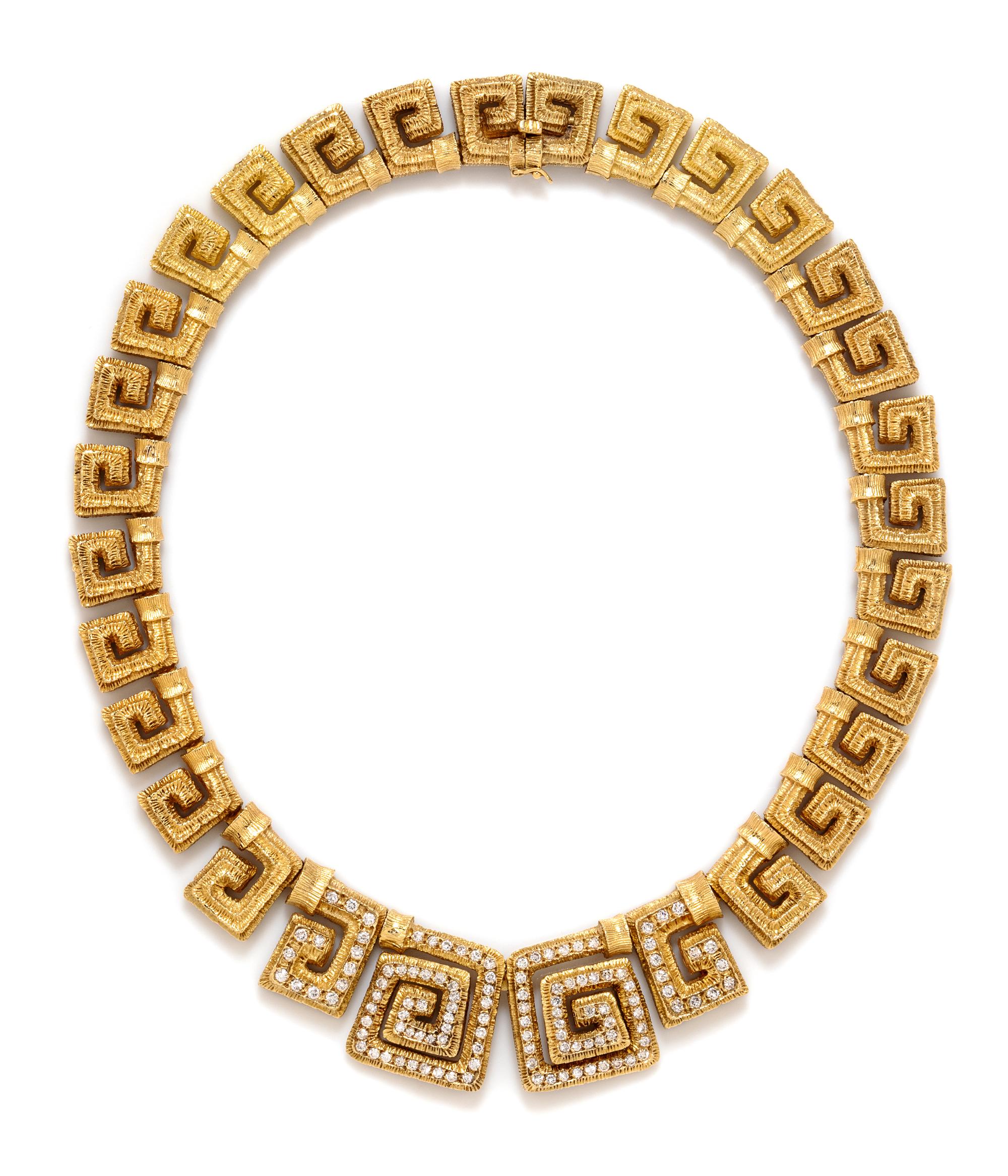 An 18 Karat Yellow Gold and Diamond Greek Key Motif Necklace, Greek, 96.90 dwts.