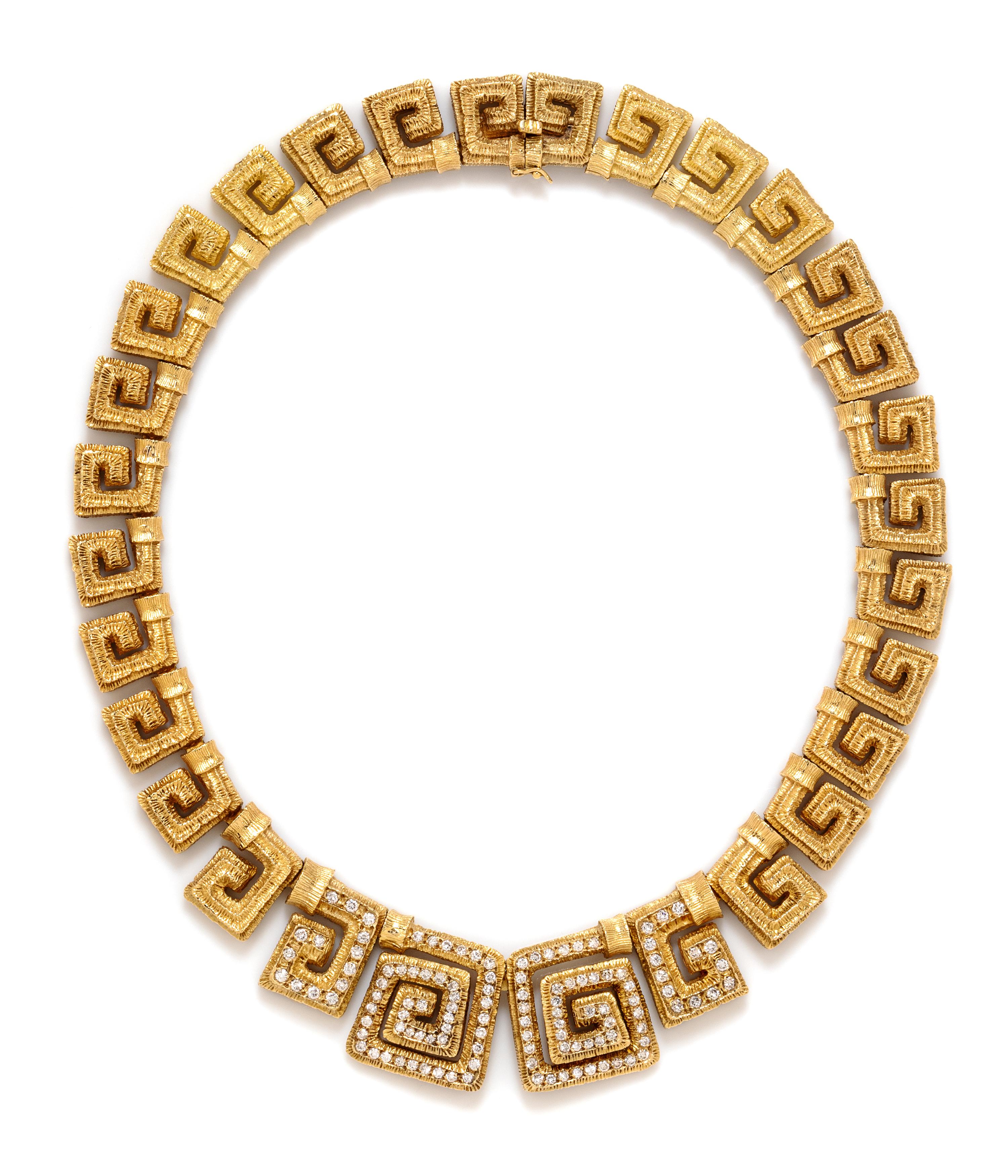 An 18 Karat Yellow Gold and Diamond Greek Key Motif Necklace, Greek, 96.90 dwts.