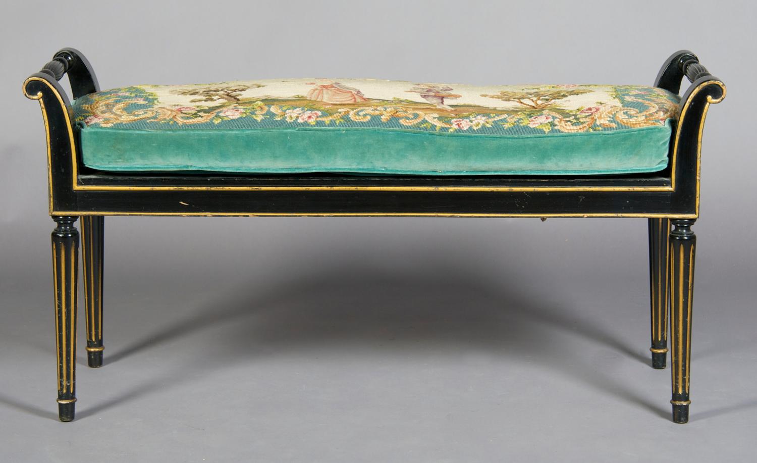 A Regency Style Black and Parcel Gilt Window Bench, Width 42 1/2 inches.