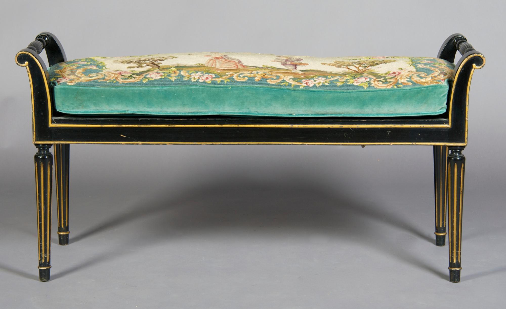 A Regency Style Black and Parcel Gilt Window Bench, Width 42 1/2 inches.