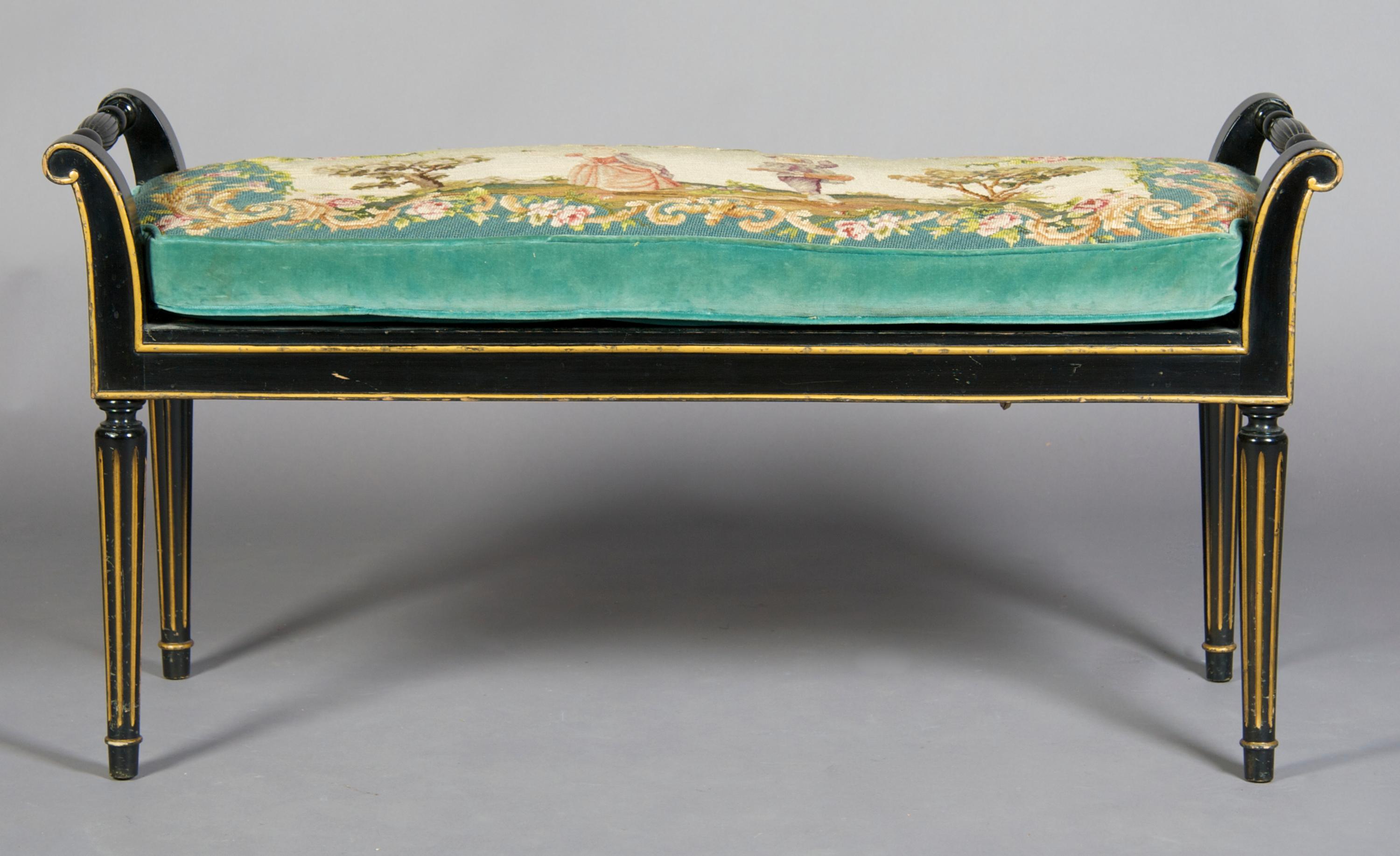 A Regency Style Black and Parcel Gilt Window Bench, Width 42 1/2 inches.