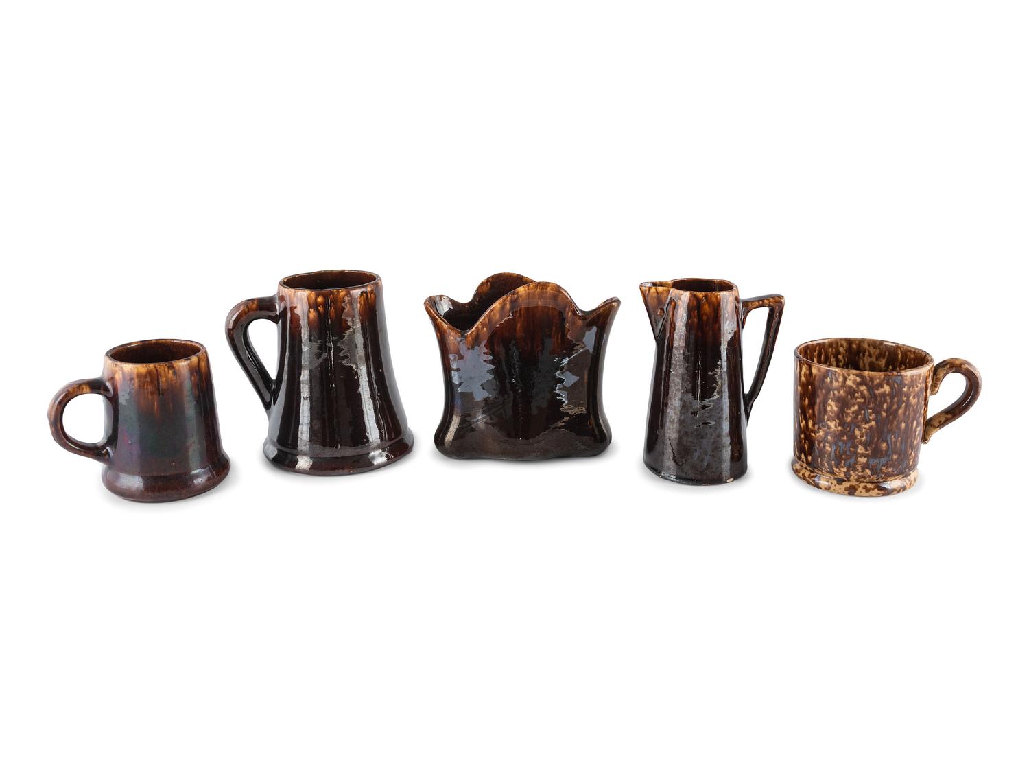 Nine Table Articles in Brown and Bennington Style Glaze