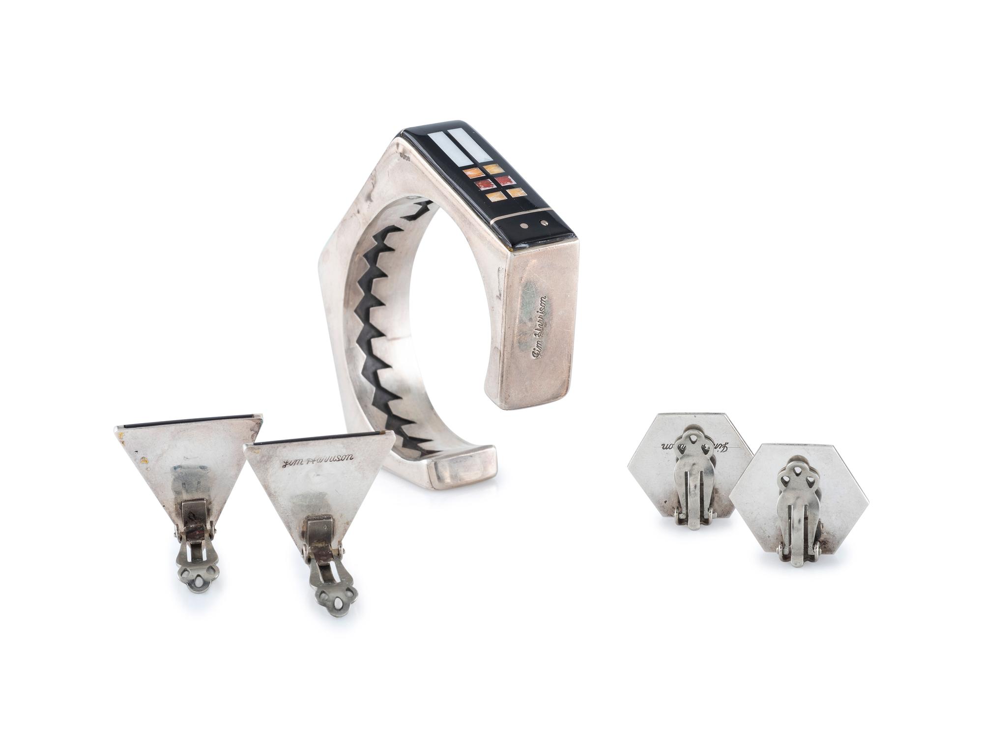 Silver and Mosaic Inlay Cuff Bracelet and Clip Earrings