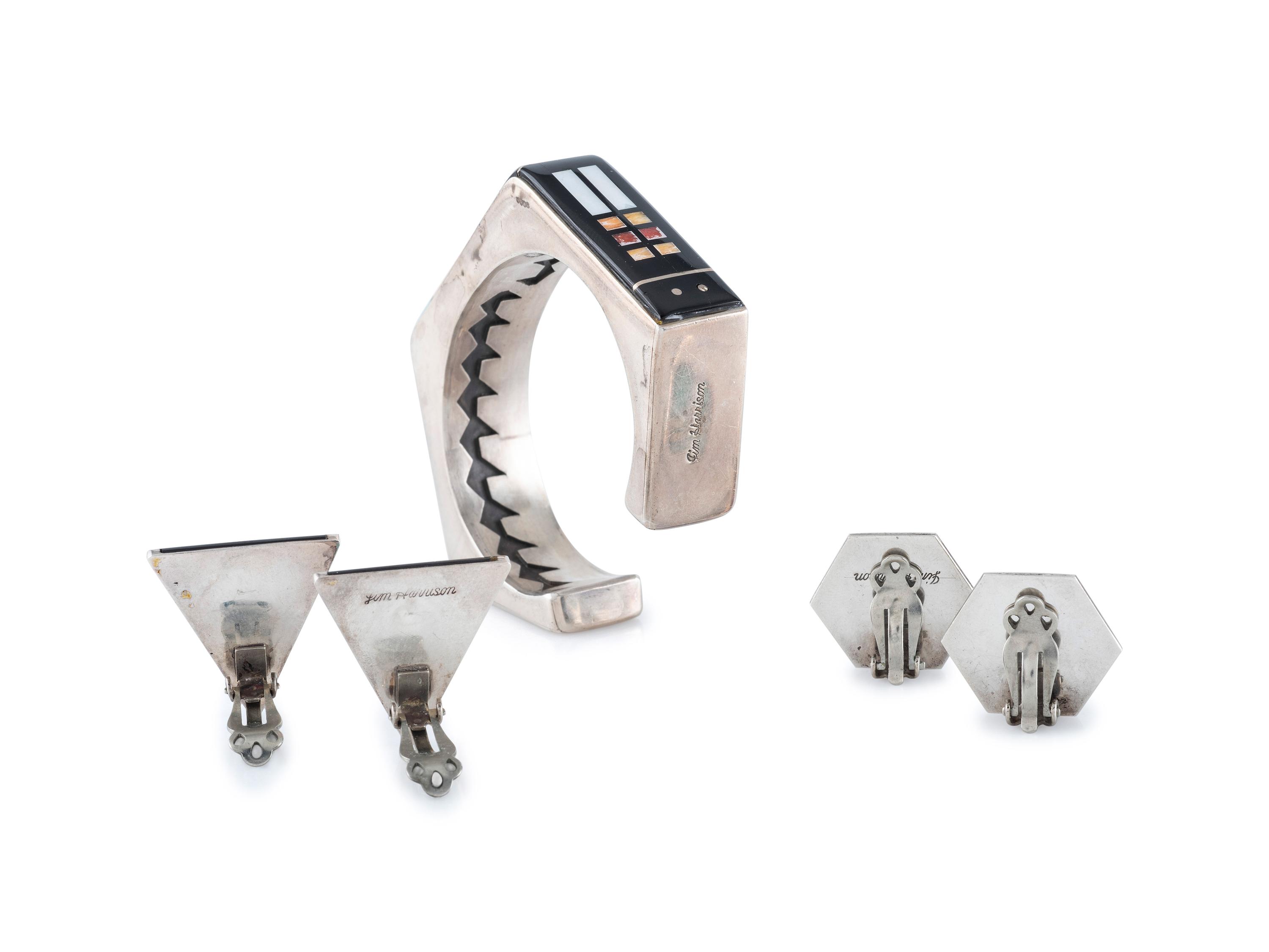 Silver and Mosaic Inlay Cuff Bracelet and Clip Earrings
