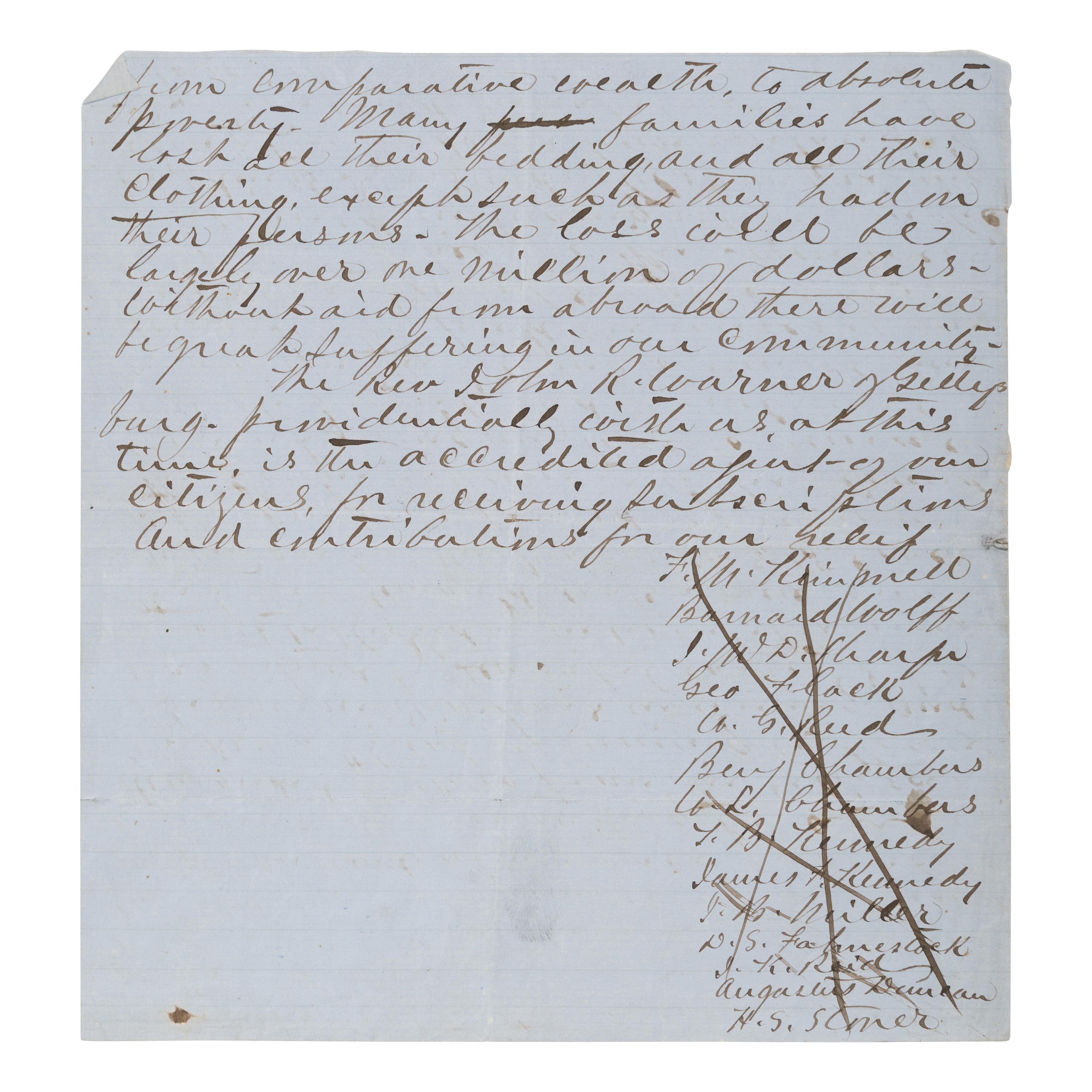 [Civil War - Gettysburg]. -- [Warner, John Riddle (1827-1894)]. A pair of manuscript documents, each entitled "An Appeal to the Benevolent Citizens of the North," [Gettysburg, PA, 30 July 1864].