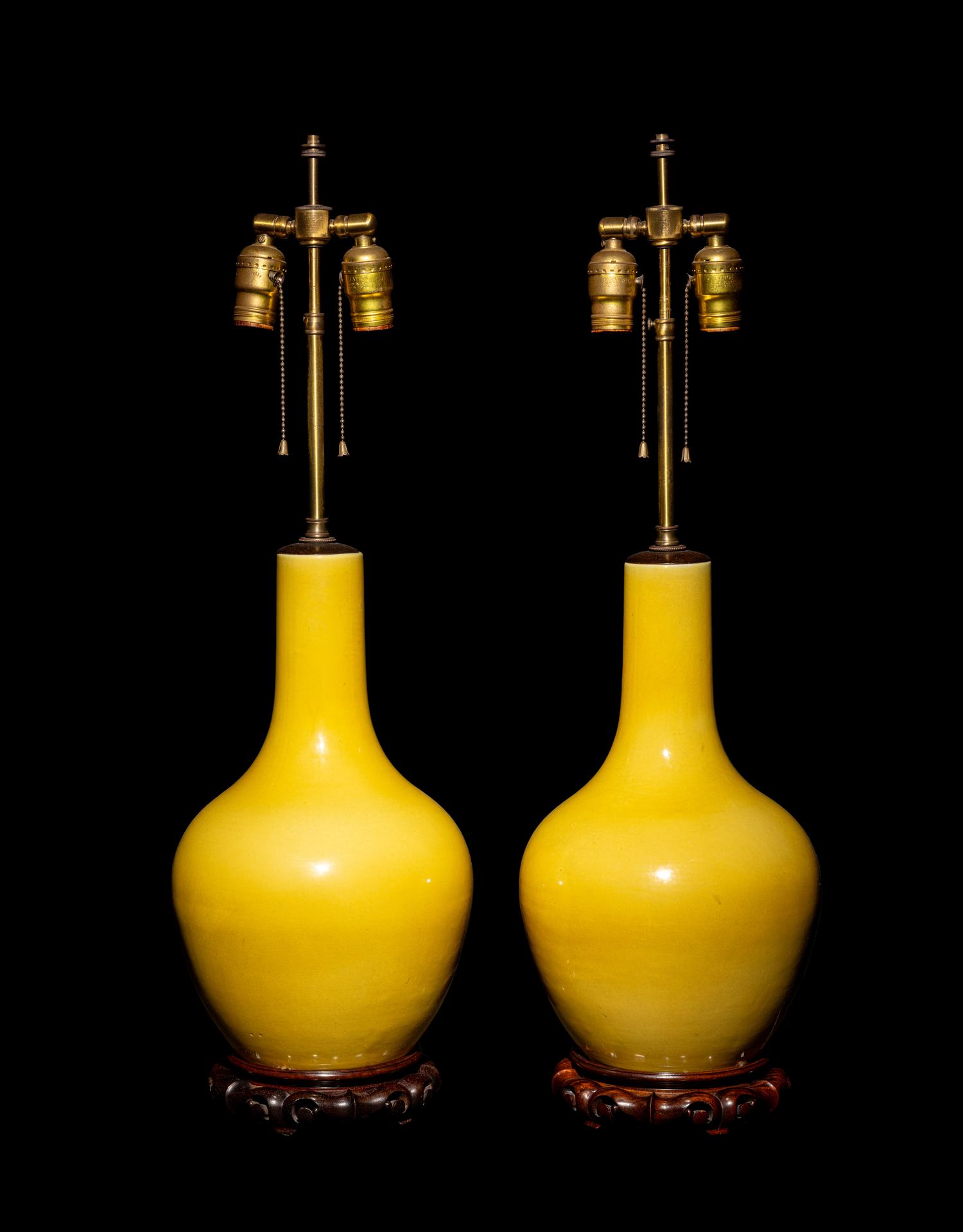 A Pair of Large Chinese Lemon Yellow-Glazed Porcelain Bottle Vases