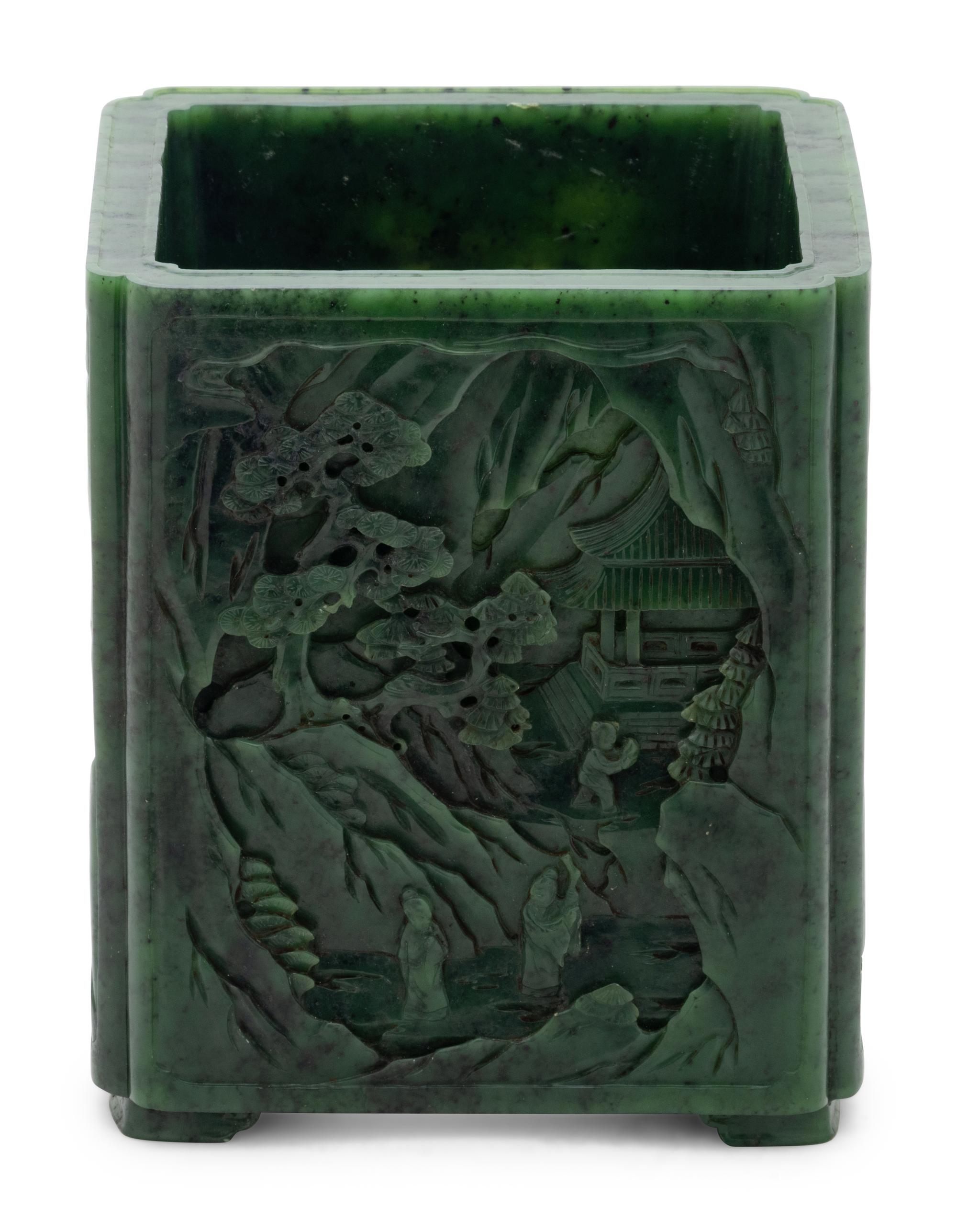 A Carved Spinach Jade 'Landscape' Square Brush Pot