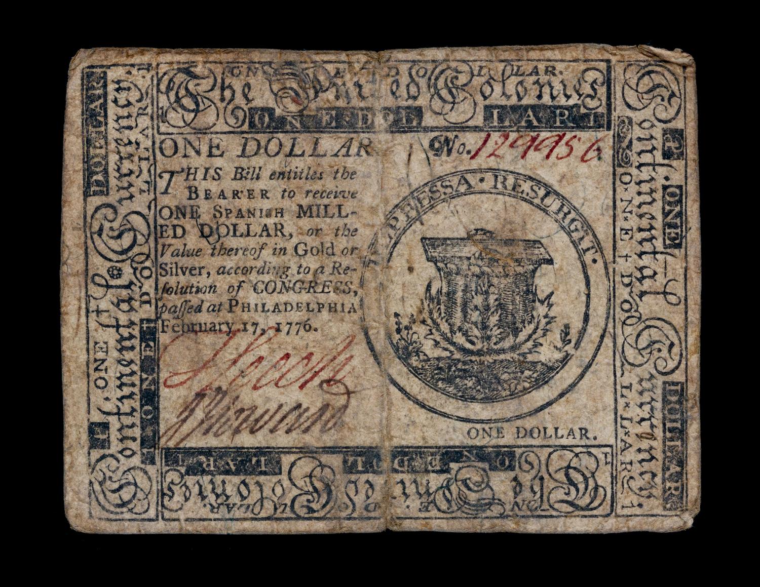 An American Continental Congress 2/17/1776 One-Dollar Note