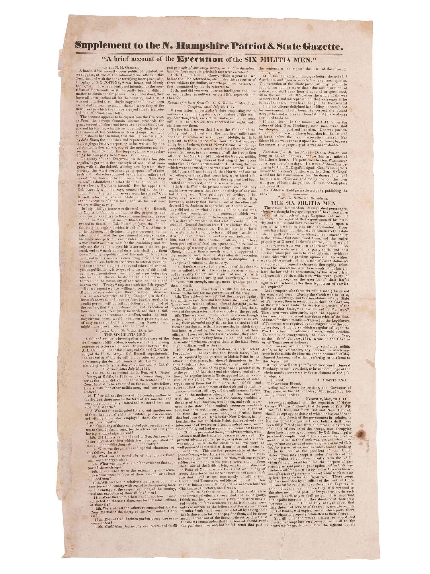 [WAR OF 1812]. New Hampshire Patriot and State Gazette . Concord, NH: 3 March 1828. Newspaper and single sheet supplement announcing Andrew Jackson's execution of six militia men.