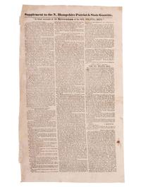 [WAR OF 1812]. New Hampshire Patriot and State Gazette . Concord, NH: 3 March 1828. Newspaper and single sheet supplement announcing Andrew Jackson's execution of six militia men.