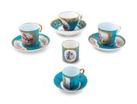Four Sèvres Style Painted and Parcel Gilt Celeste Blue-Ground Porcelain Cups and Saucers