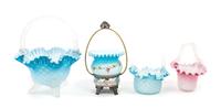 Four Victorian Mother-of-Pearl Satin Glass Baskets Height of tallest overall 10 5/8 inches — 19TH CENTURY