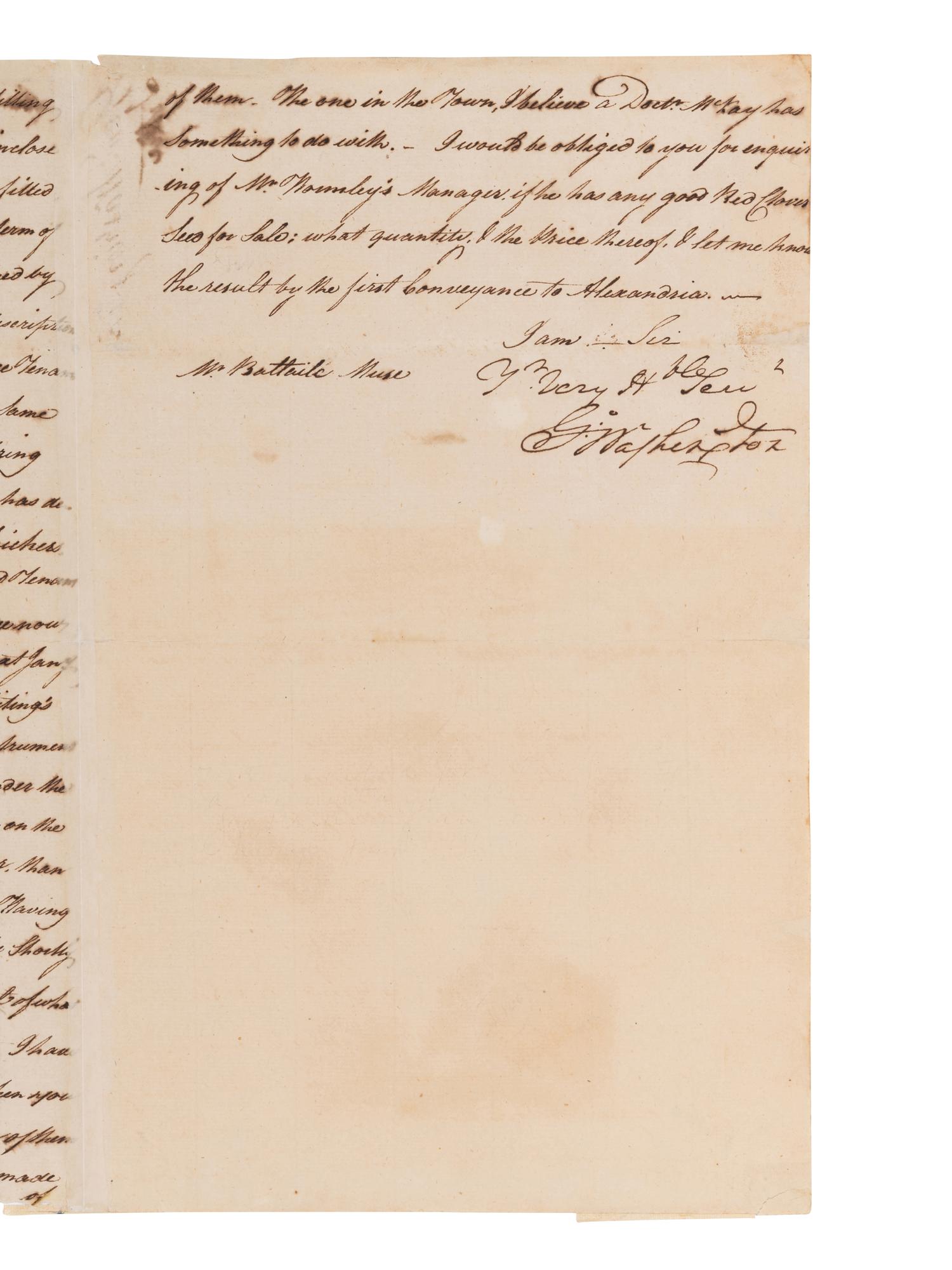 WASHINGTON, George (1732-1799). Letter signed ("G.Washington") to Battaile Muse. Mount Vernon, 28 July 1785.