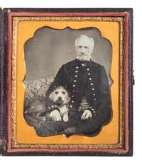 [EARLY PHOTOGRAPHY] -- [MILITARIA]. MCELROY, photographer. Sixth plate daguerreotype of an elderly British Royal Navy ship's clerk with his dog.