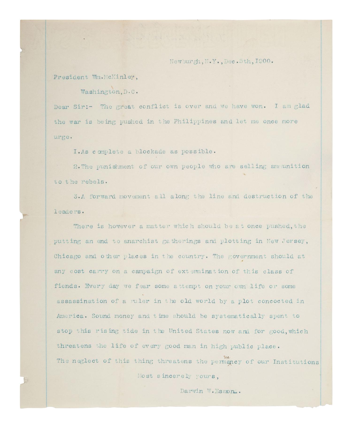 [MCKINLEY, William (1843-1901).] Detailed letter describing President McKinley's medical condition in the immediate aftermath of the assassination attempt, written by one of the nurses who attended to him.