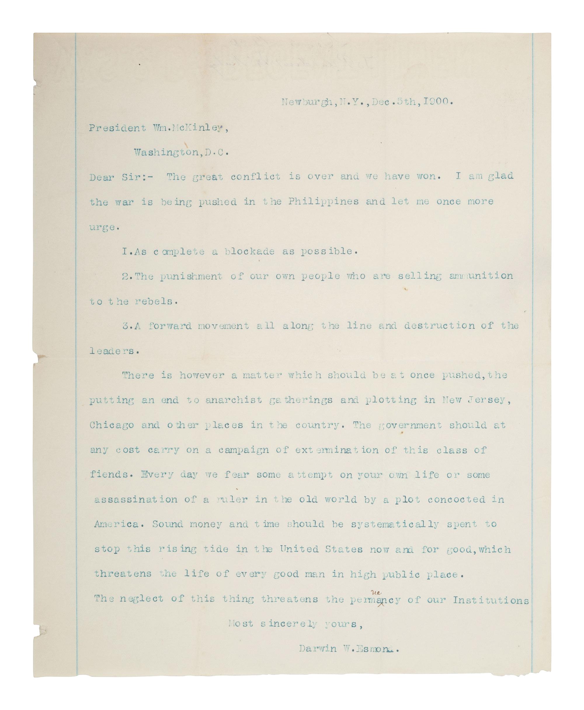[MCKINLEY, William (1843-1901).] Detailed letter describing President McKinley's medical condition in the immediate aftermath of the assassination attempt, written by one of the nurses who attended to him.