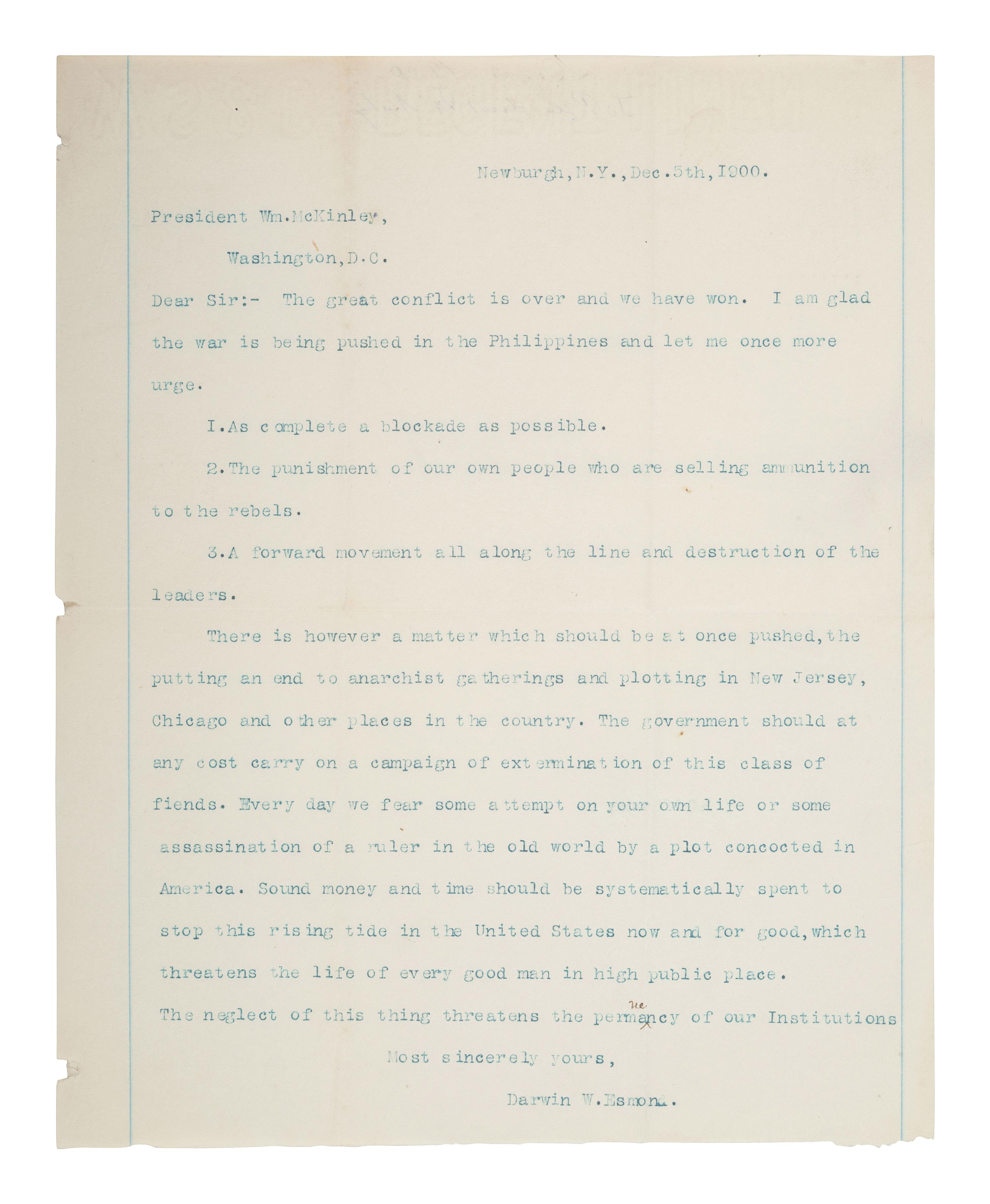 [MCKINLEY, William (1843-1901).] Detailed letter describing President McKinley's medical condition in the immediate aftermath of the assassination attempt, written by one of the nurses who attended to him.