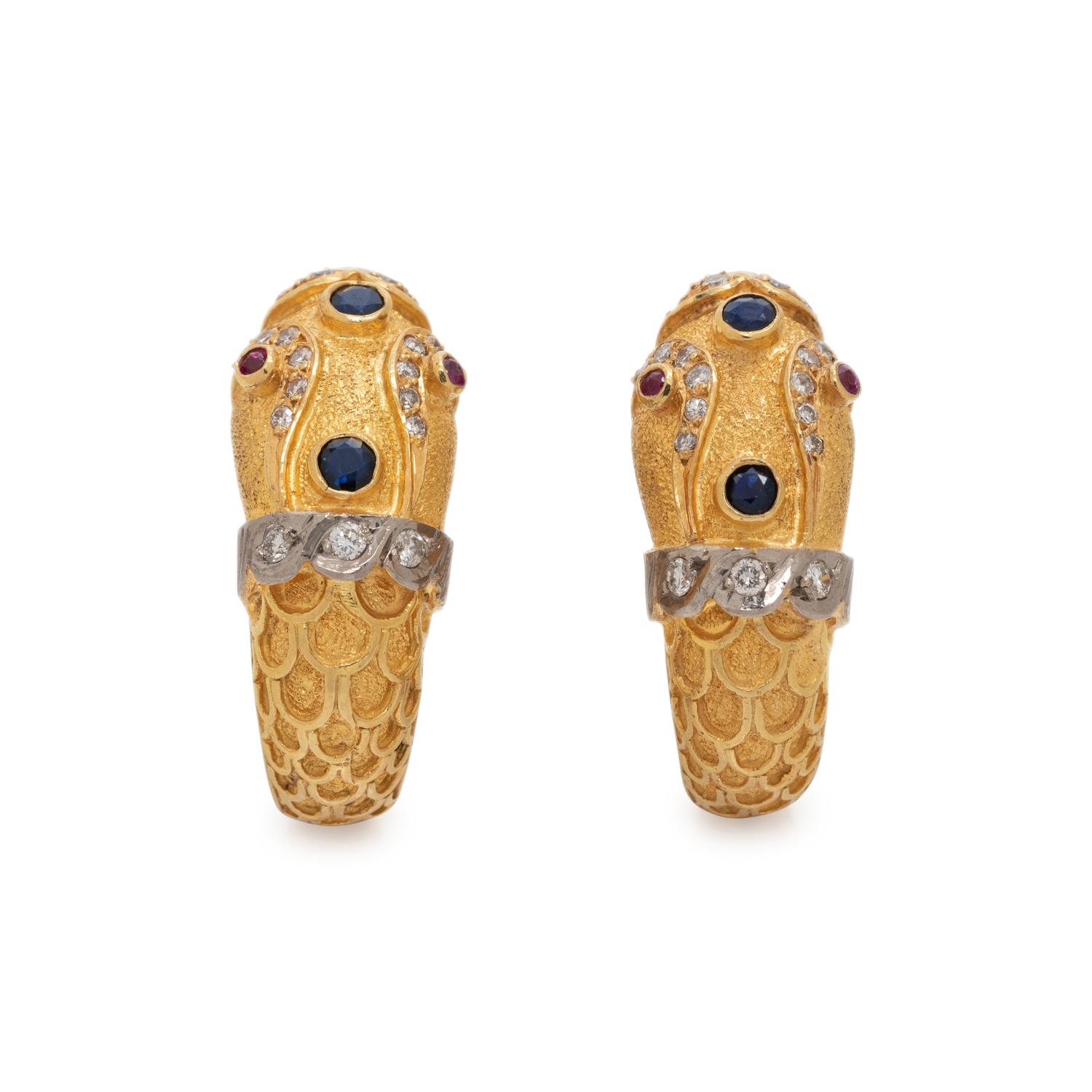 YELLOW GOLD, DIAMOND AND GEMSTONE CHIMERA EARCLIPS