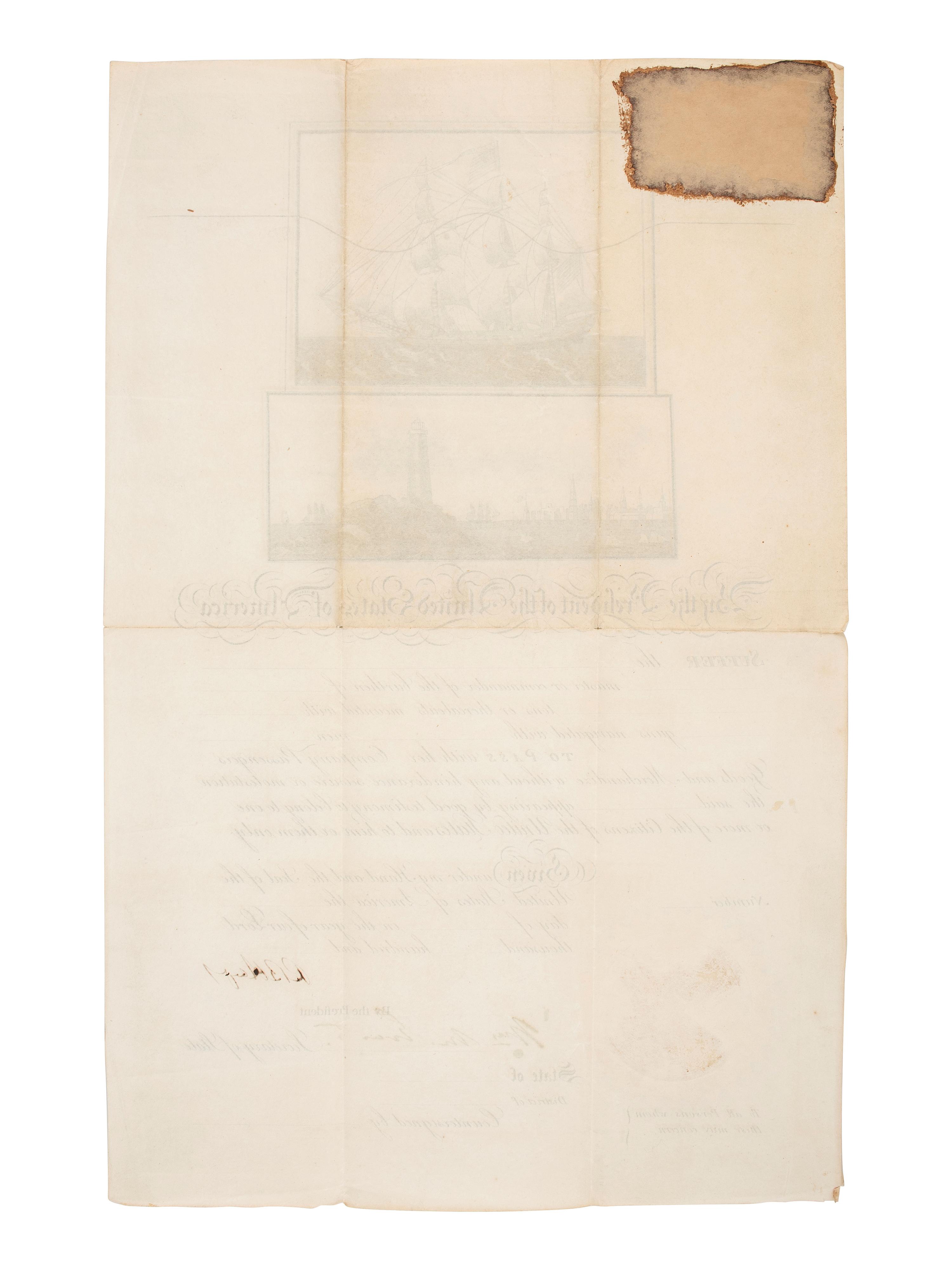 HAYES, RUTHERFORD B. (1822-1893). Unclipped and unissued ship's pass document signed ("RB Hayes") as President. N.p., n.d.