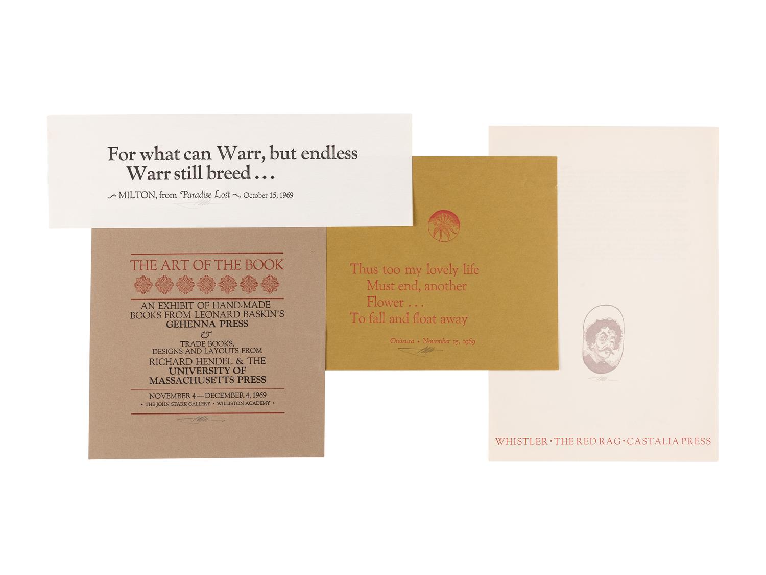 [BROADSIDES]. A group of 4 of Moser’s earliest printed broadsides from his Castalia Press. Comprising: