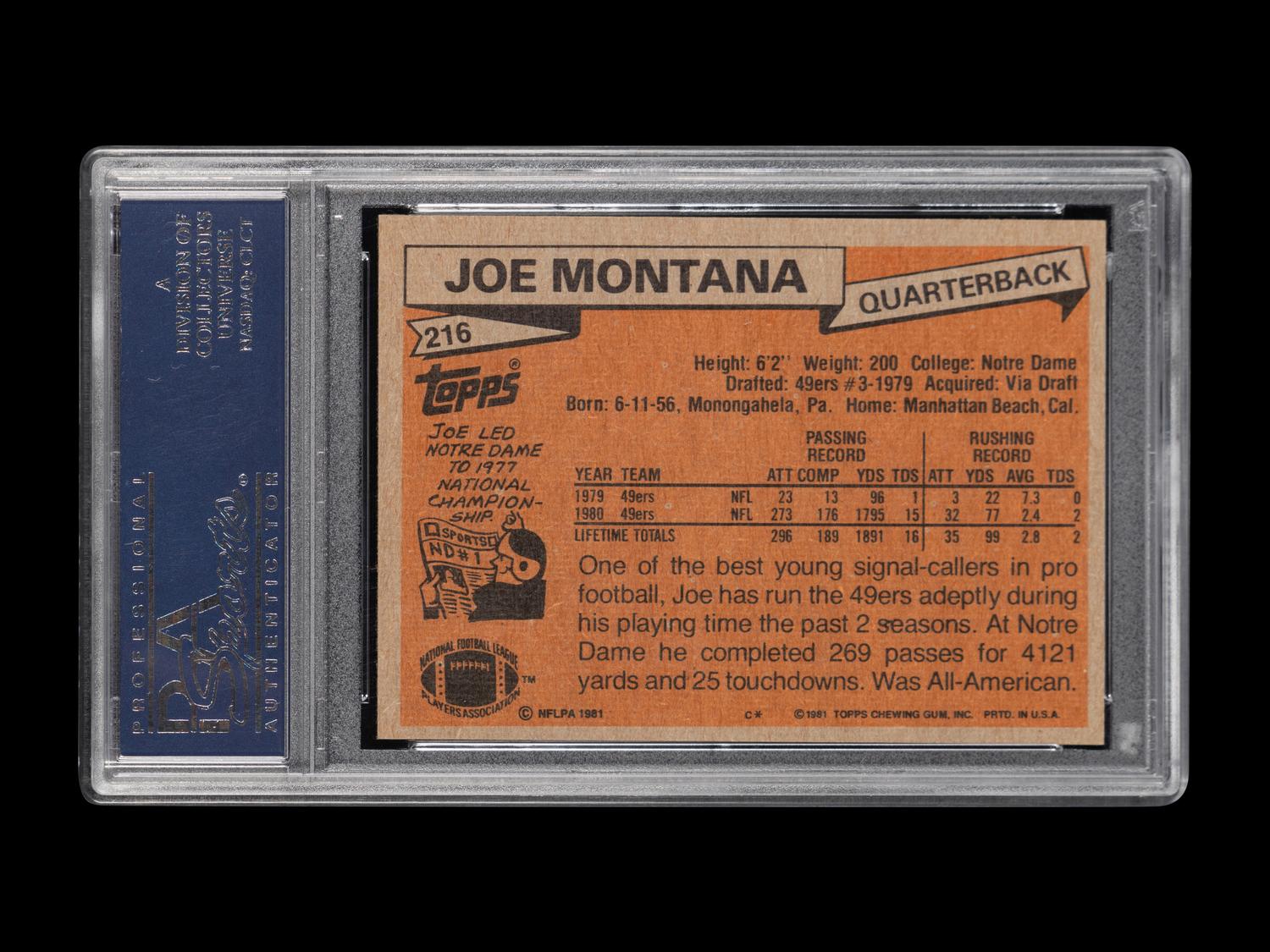 A 1981 Topps Joe Montana Rookie Football Card No. 216 (PSA 8 NM-MT)