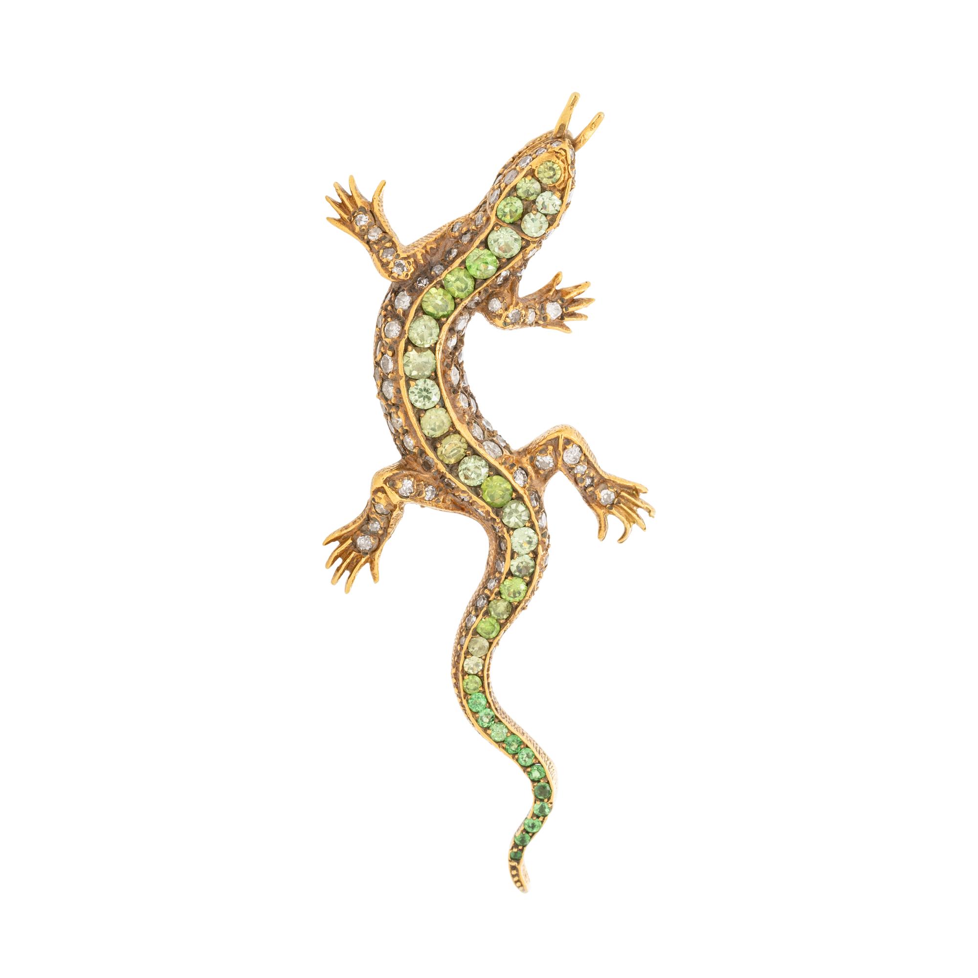 DEMANTOID GARNET AND DIAMOND SALAMANDER BROOCH