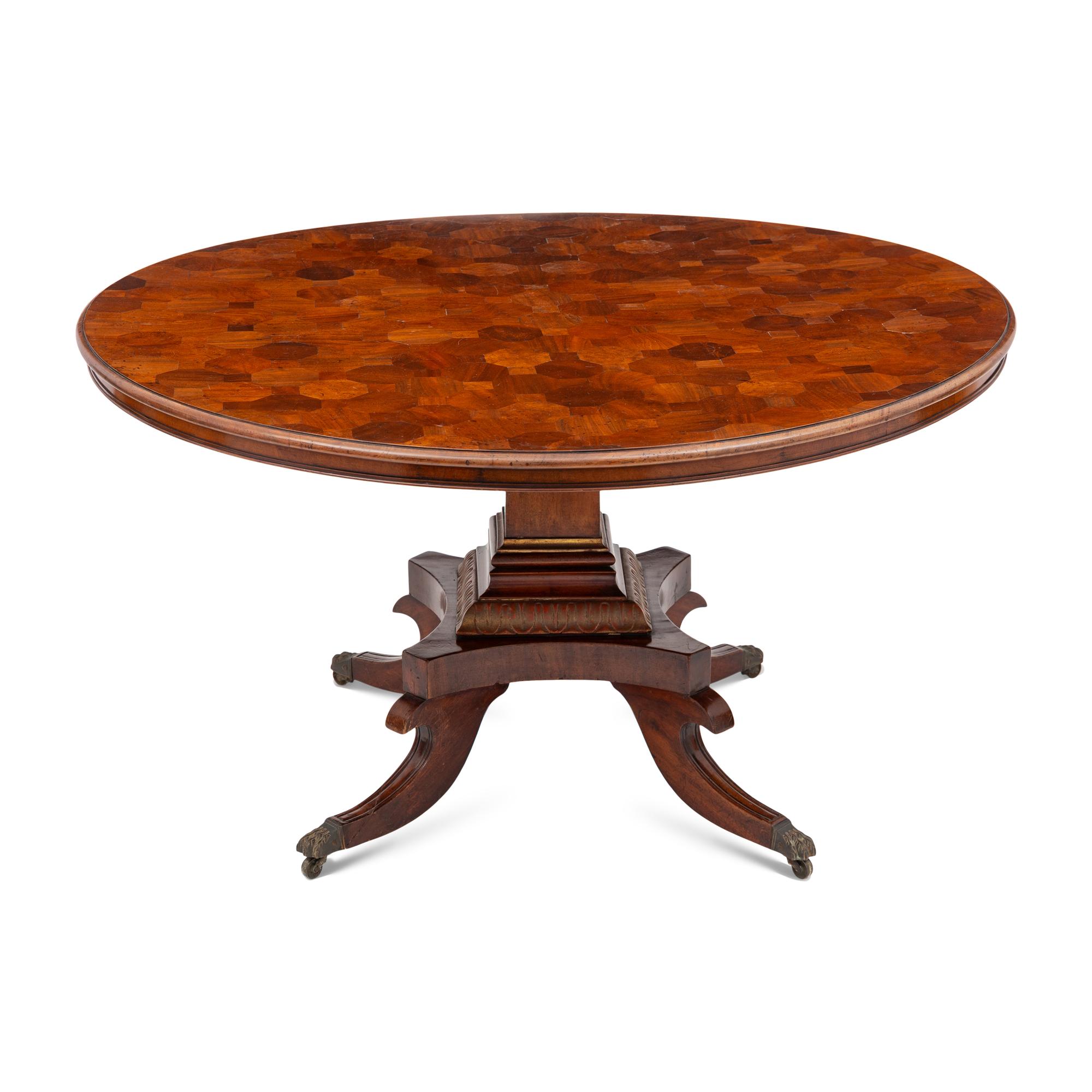 A Regency Style Pedestal Table with Specimen Parquetry Wood Top
