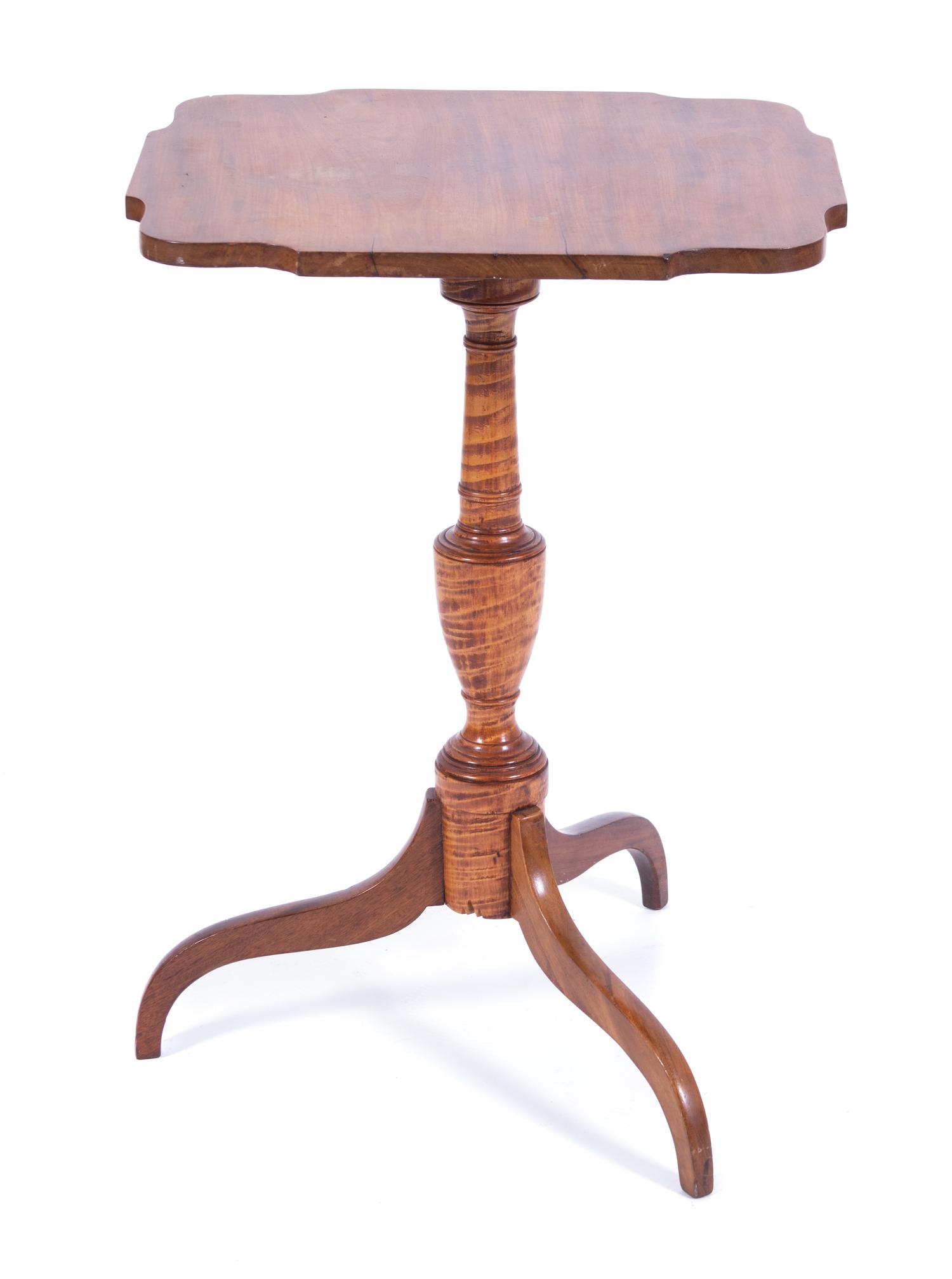 An American Tiger Maple and Maple Tilt Top Tripod Table Height 28 x width 19 1/2 x depth 17 inches. — 19TH CENTURY