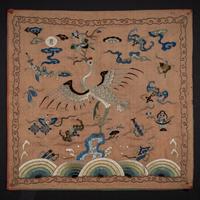 A Pair of Korean Embroidered Silk 'Double Crane' Rank Badges and a Vietnamese Salmon Pink Ground Embroidered Silk 'Crane' Rank Badge, Late 19th Century — 十九世紀晚期 朝鮮王朝文官鶴紋補子一對及越南鶴紋補子
